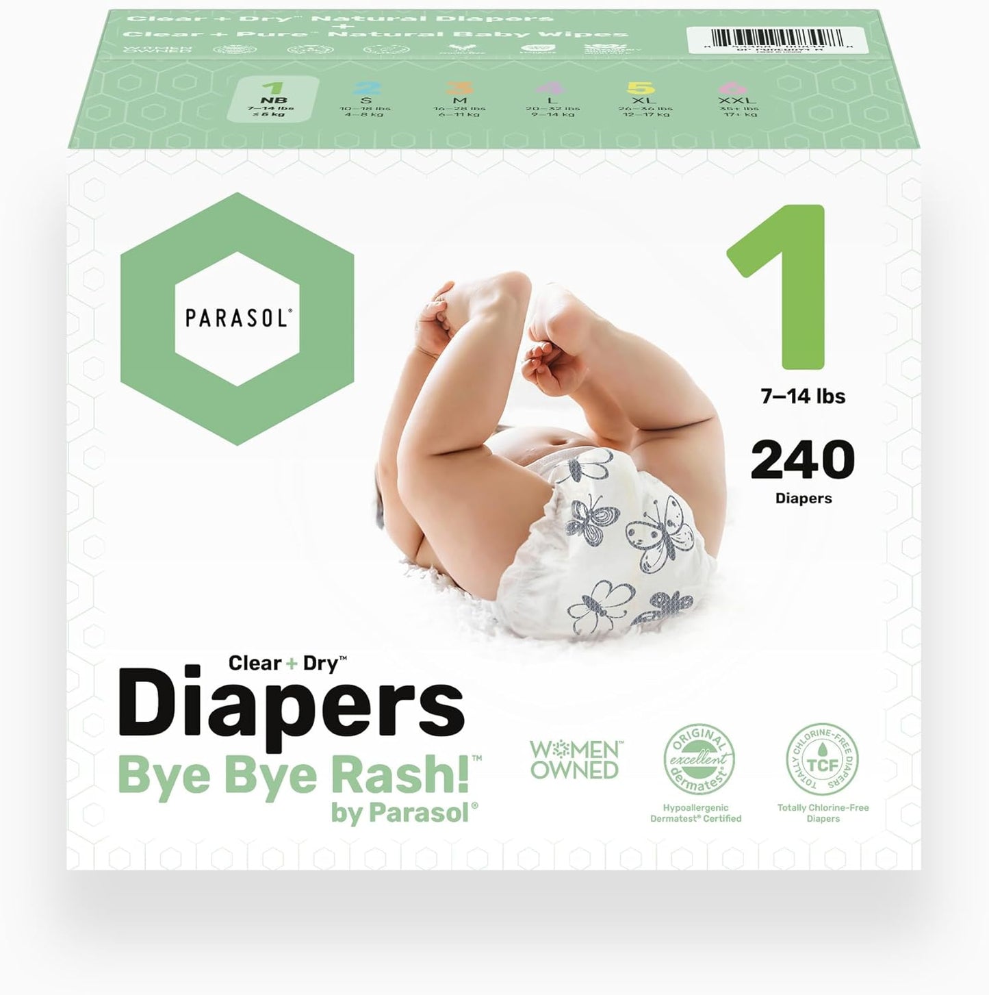 Parasol Clear+Dry Disposable Diapers and Clear+Pure Wipes, RashShield Protection, Size 1 (7-14 lbs), Diaper Bundle of 240 Diapers & 240 Wipes