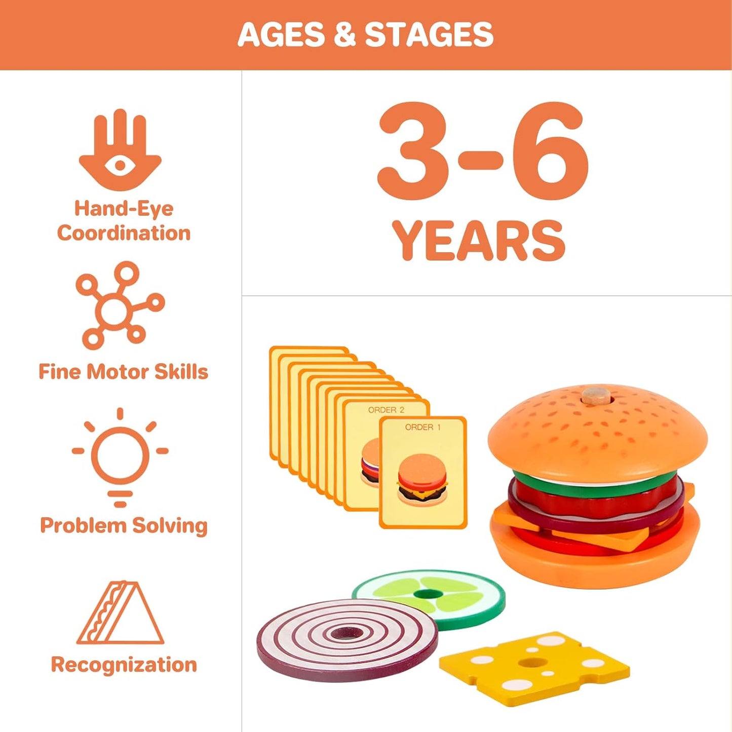 Montessori Toys for 2, 3 Year Old, Wooden Burger Sandwich Stacking Toys for Toddler Educational Toys Fine Motor Skills Foods Preschool Learning Blocks Gifts Boys Girls