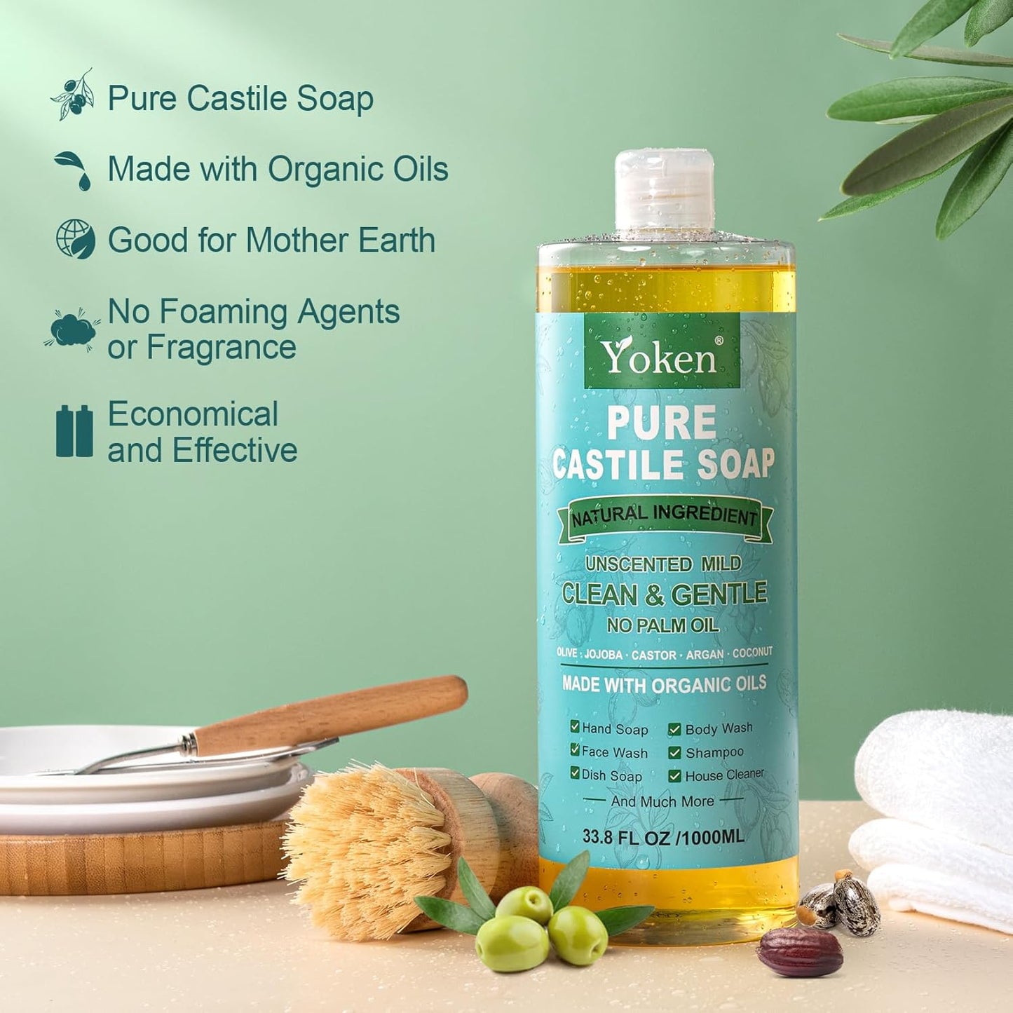 EWG Verified Castile Soap Liquid Unscented 33.8 fl oz Pure Castile Liquid Cleanser Made With Organic Oil, Clean & Gentle, Natural Castor Oil Soap for Body Wash, Hand, Dishes, Laundry