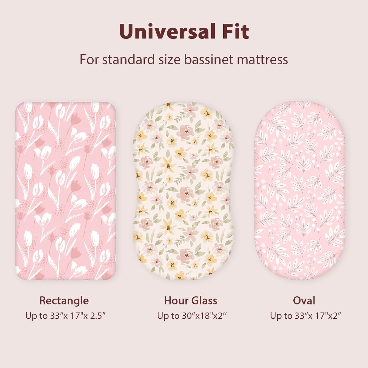 Baby Bassinet Sheets Girl Boy, Fitted Bassinet Sheet Set 3 Pack Bassinet Mattress Sheets Universal Fit for Rectangle, Round, Oval, Hourglass Mattress, Soft Breathable Pink Flowers & Leaf