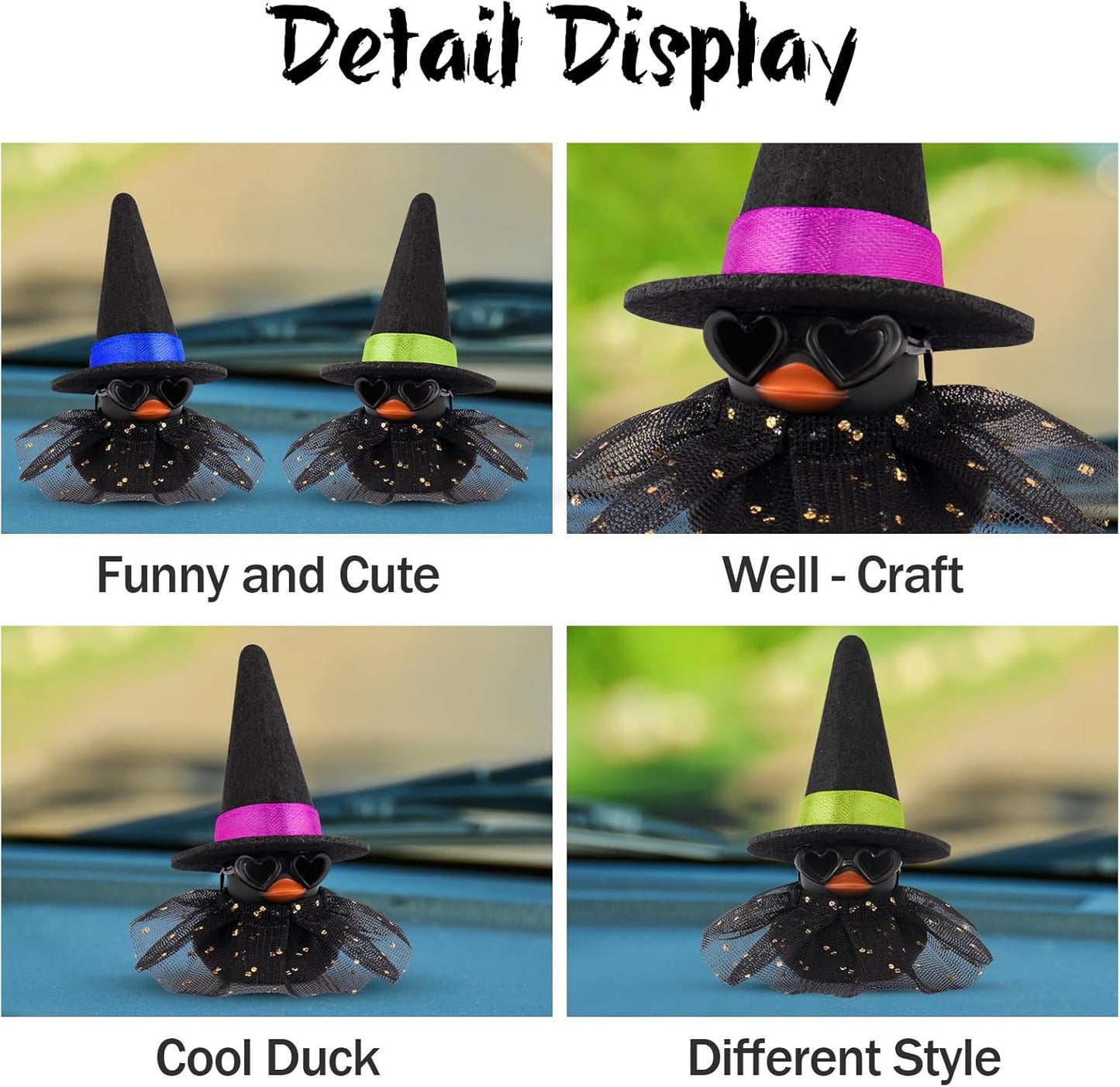 wonuu Car Dashboard Witch Colorful Rubber Ducks for Halloween, Decorations Duck for Office Desk Ornament Accessories with Hat Glasses Skirt, Sequin Skirt Black