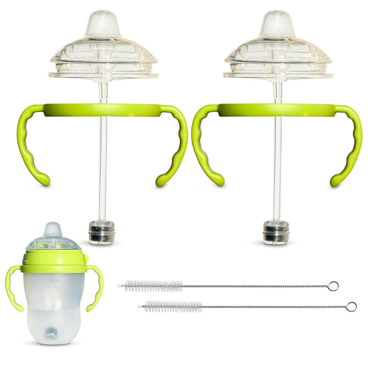 Sippy Cup Conversion Kit for Comotomo Baby Bottles 2-Count, Food Grade Silicone Spout Nipples, All Silicone Weighted Straw, Bottle Handles, Cleaning Brush, BPA-Free, 4+ Months (Sippy Spout, Green)