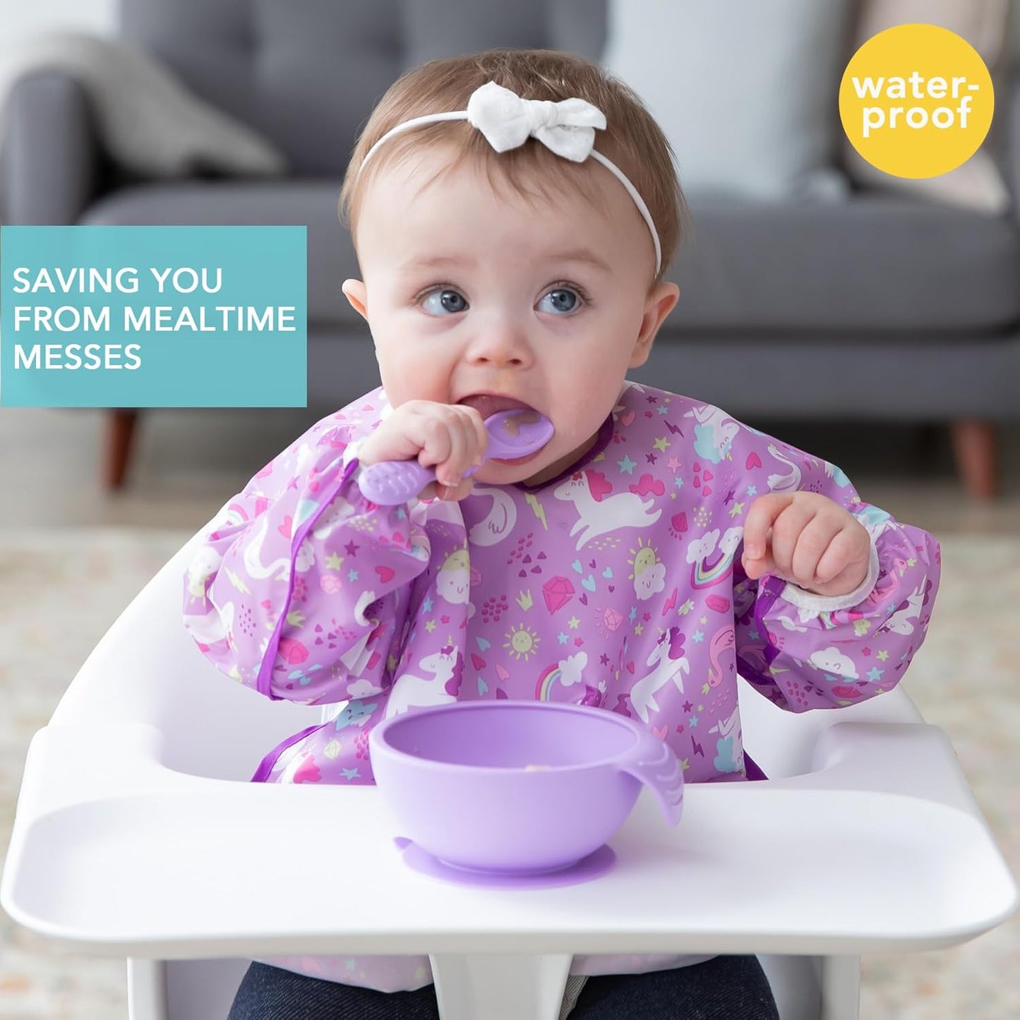 Bumkins Sleeved Bib for Girl or Boy, Baby and Toddler for 6-24 Mos Essential Must Have for Eating, Feeding, Baby-Led Weaning Supplies, Long Sleeve Mess Saving Food Catcher, Soft Fabric, Unicorn Purple