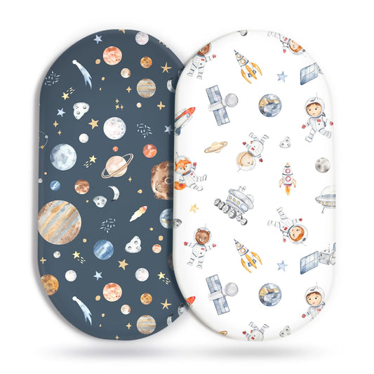 Stretchy Ultra Soft Fitted Bassinet Sheet Set 2 Pack, Universal Fit for Bassinets Baby Cradle Moses Basket Oval Rectangle Mattress Safe and Snug, Space Stylish Print