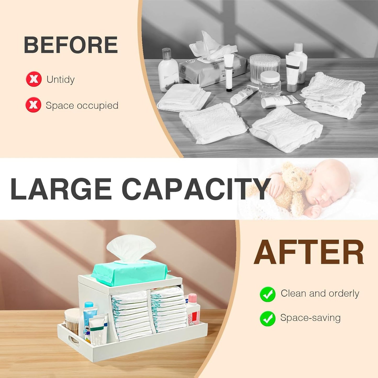 Three colors Diaper Organizer, Wooden Diaper Caddy Organizer, Changing Table Organizer, Diaper Storage Organizer, Nursery Baby Organization (White)