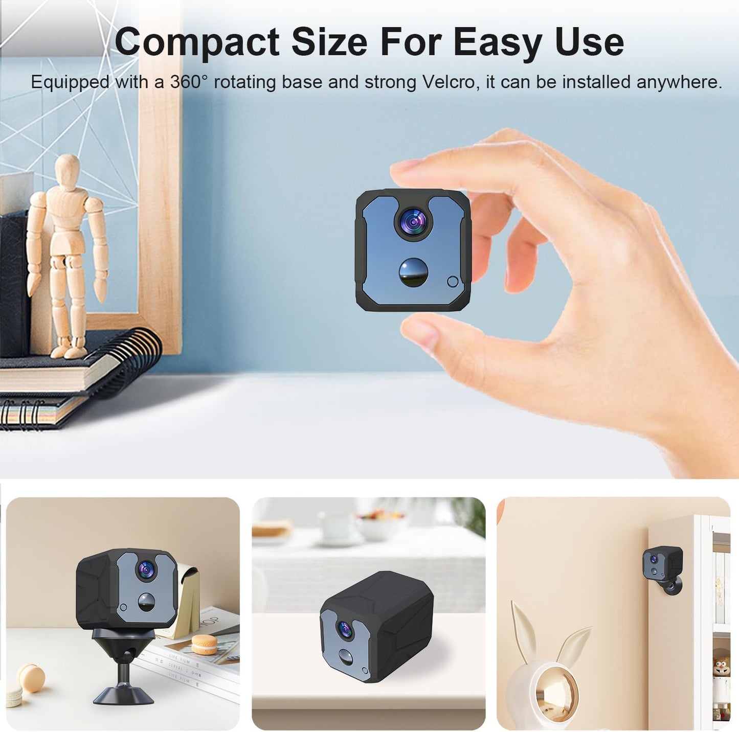 ZHENHAN 1440P HD Mini Wireless Camera Indoor Security Rechargeable Camera Motion Detection, Night Vision, 100-Day Battery, Cloud/SD Storage & App Control Nanny/Pet/Baby Monitor(Black)