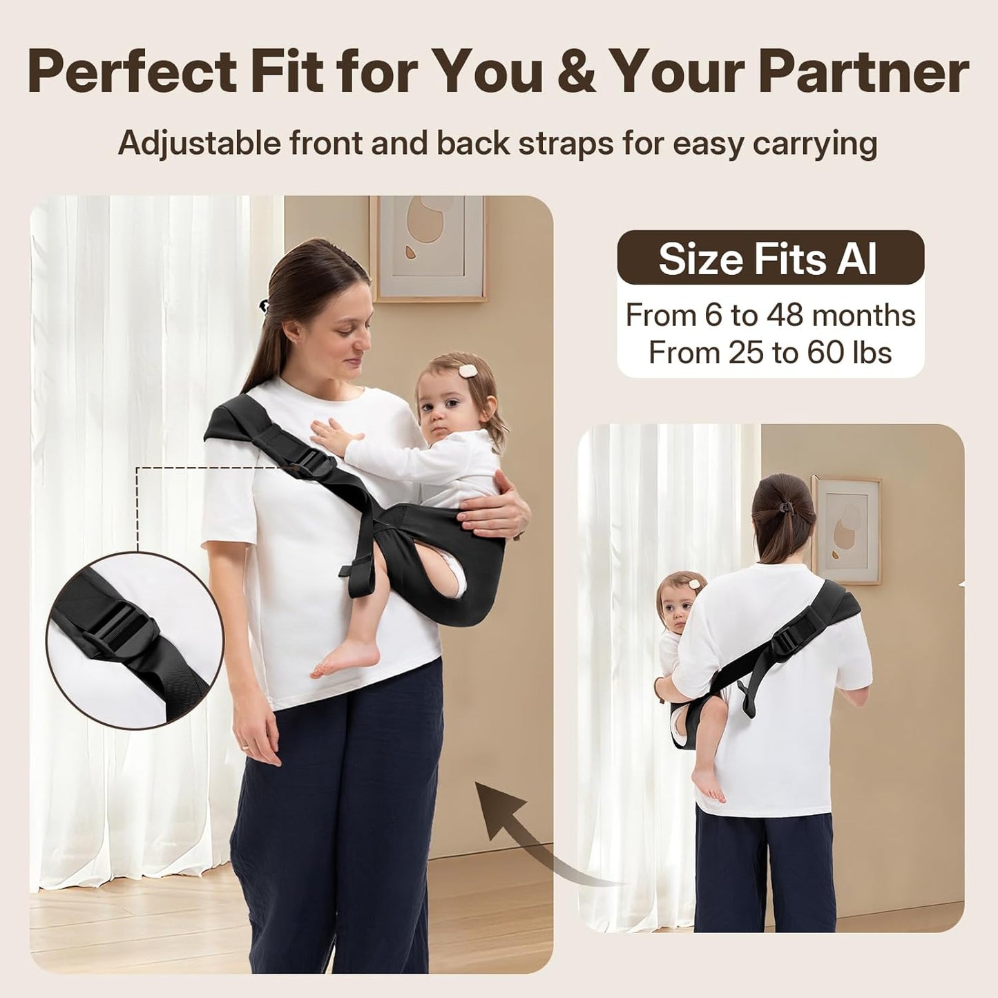 Toddler Carrier for 25-60 lbs,Comfortable&Lightweight Baby Sling Carrier,Adjustable with Left/Right Shoulder Straps,One Size Fits All,Ideal for Shopping and Travel-Black