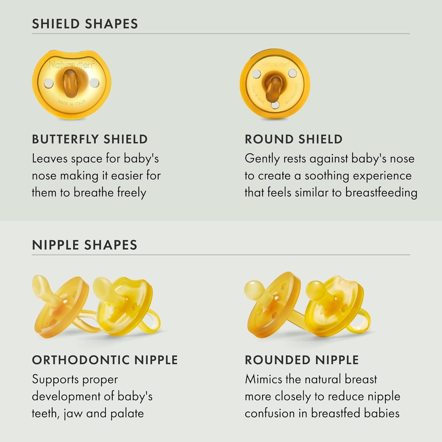 Natursutten Pacifiers 0-6 Months - 2-Pack Original Shield Round Nipple Natural Rubber Safe & Soft BPA-Free Pacifier for Breastfeeding Babies - Newborn Pacifiers Made in Italy