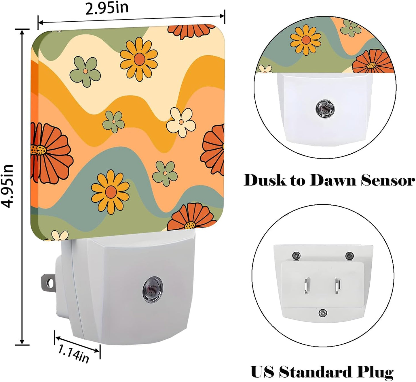 Waves and Floral Night Light,Plug Into Wall for Boys Girls Bedroom Decorative Square Night Light Lamp 0.5w Sleep Friendly