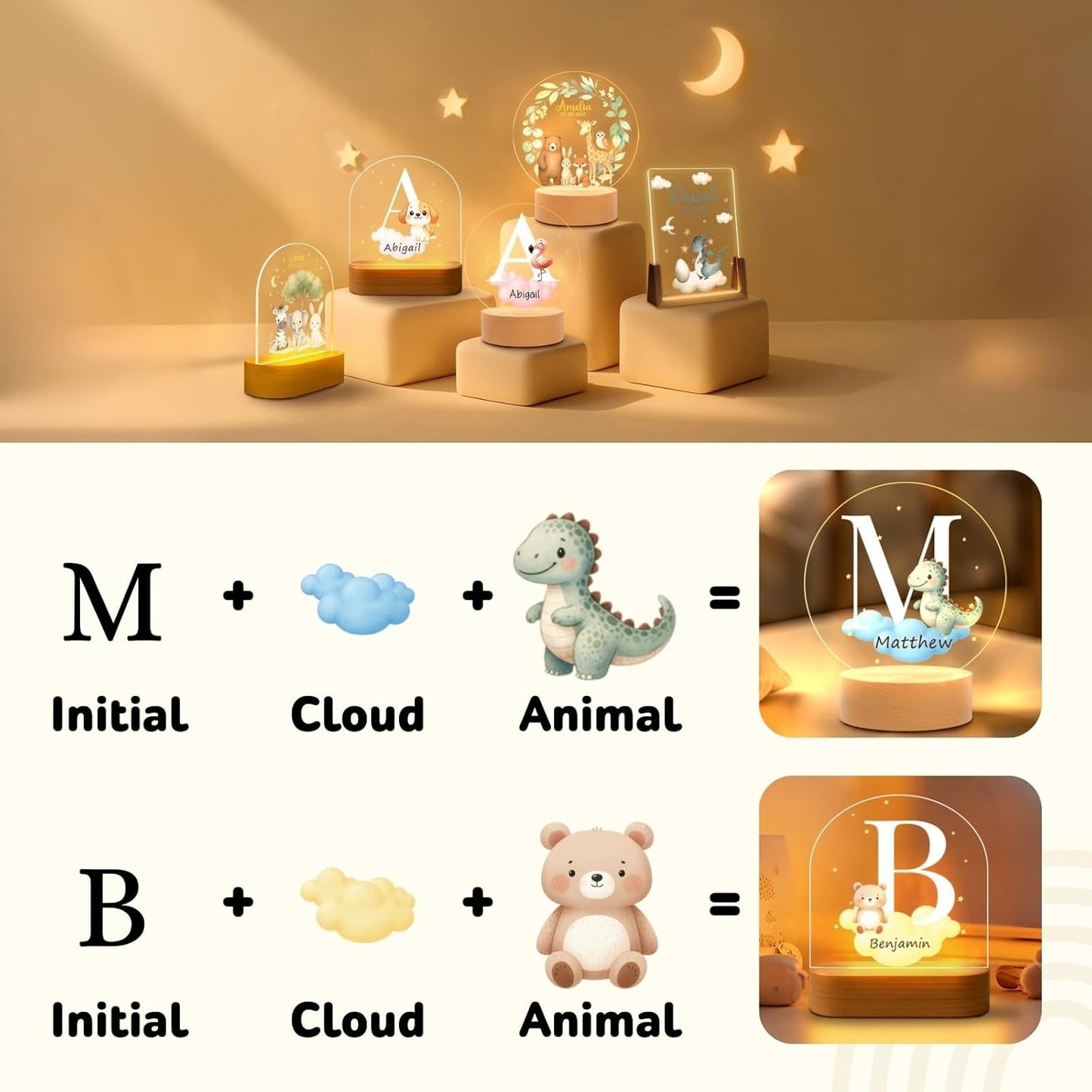 Custom Baby Gift Night Light for Baby Boys Girls Nursery Decor, Personalized Initial Name LED Night Light with Wooden Base, LED Color-Changing Lamp for Toddlers Kids 2