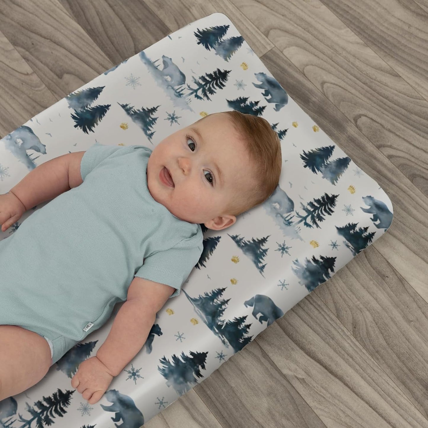 Watercolor Bear Winter Changing Pad Covers for Baby Girls Boys Pastel Bear Pine Trees Snowflakes Tracks Fitted Change Table Pad Mats Wild Animals Adventure Soft Diaper Changing Pad Sheets 32''×16''