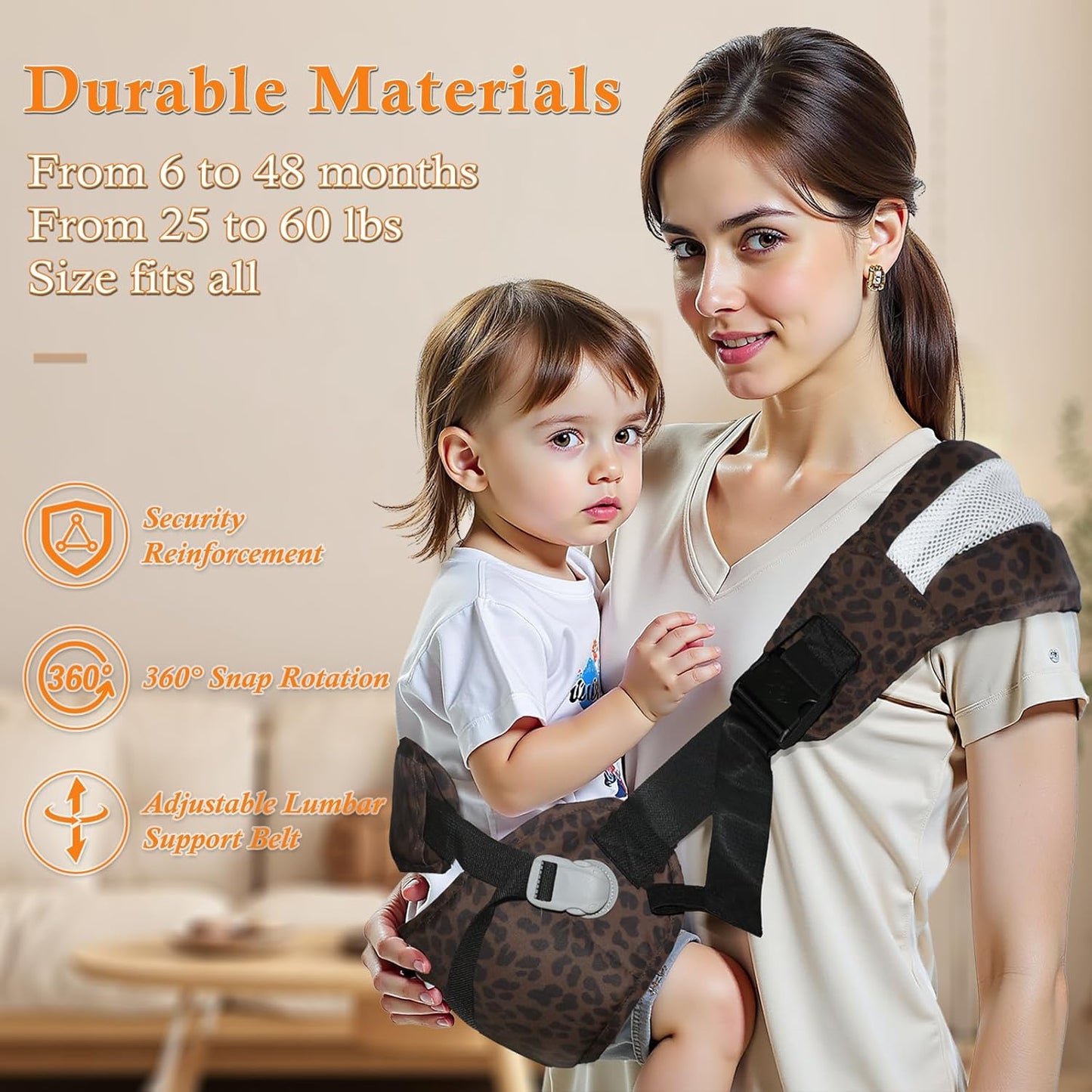 Baby Carrier Newborn to Toddler-Adjustable Baby Sling Carrier,Toddler Carrier for 25-60lbs,Comfortable Baby Sling for Hands-Free Carrying (Dark Brown Leopard Print)