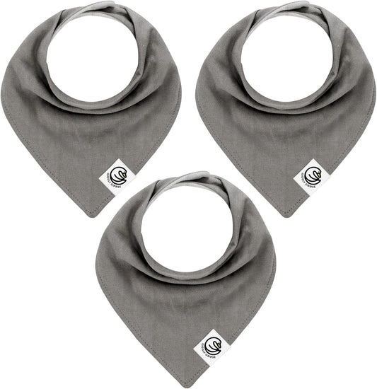 Premium Baby Bibs – 3 Pack for Boys & Girls | Natural Cotton, Super Absorbent Drool & Teething Bibs with Adjustable Snaps - Grey Bandana Bibs