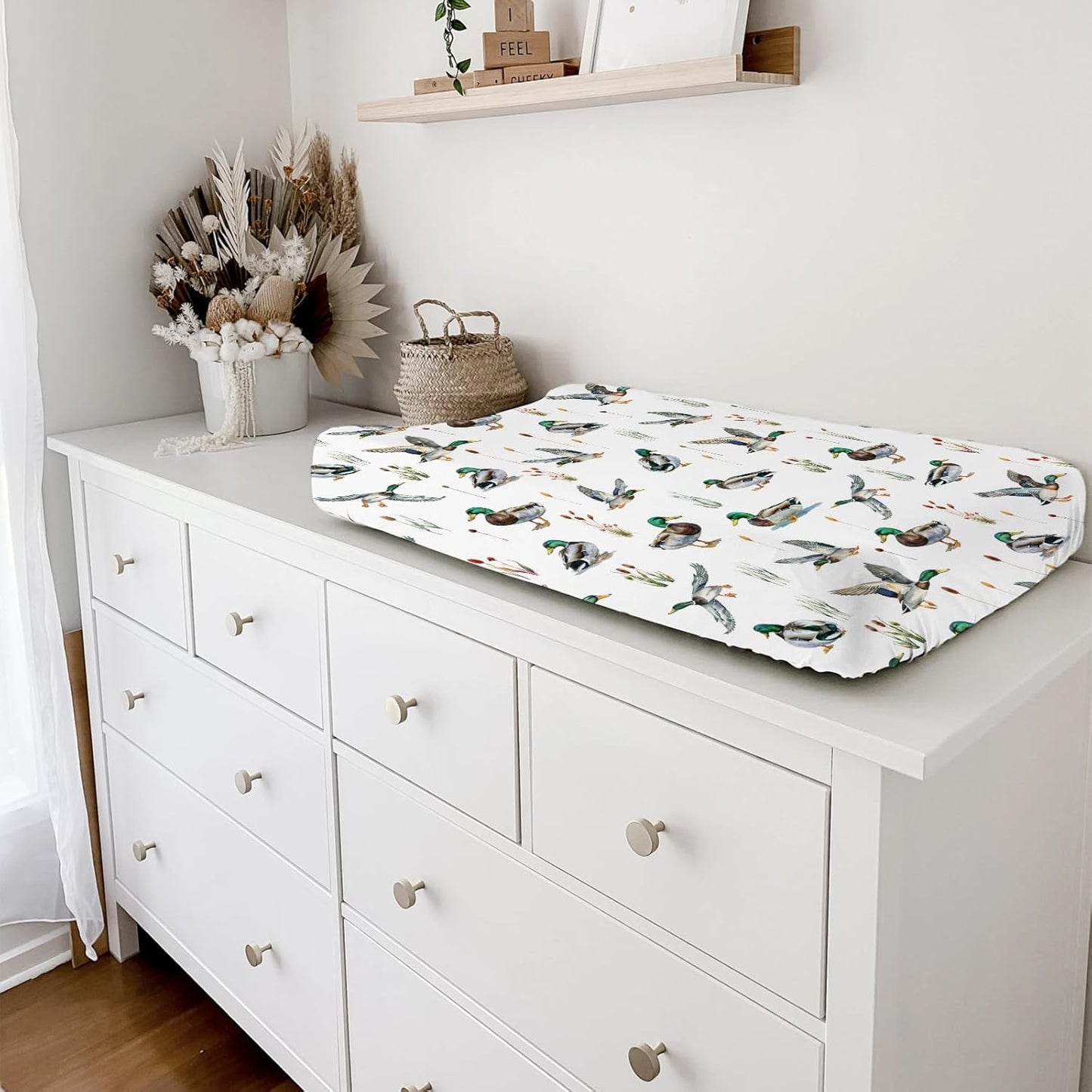 Watercolor Mallard Duck Hunting Changing Pad Cover Duck Hunting Nursery Decor Change Table Sheets for Baby Boy Girl Wild Duck Leaves Soft Breathable Stretchy Snug Fitted Changing Table Mats 32''x16''