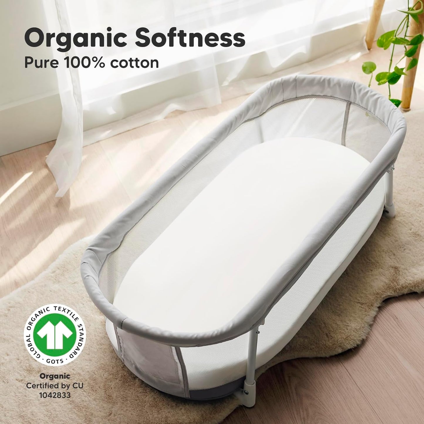 2-Pack Organic Bassinet Sheets for Girls, Boys - 100% Cotton Bassinet Mattress Sheets Compatible with Halo Bassinest Swivel Sleeper,Graco,Baby Delight,Chicco,Unisex Fitted Bassinet Sheets(Soft White)