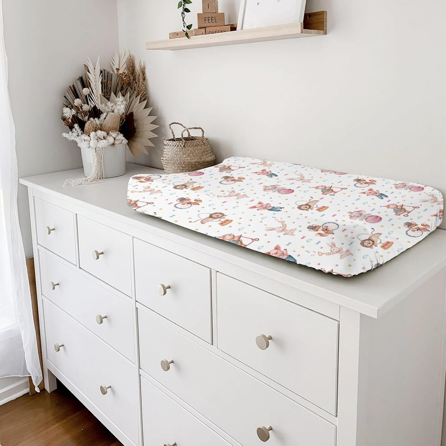 Watercolor Circus Animals Changing Pad Cover Cartoon Bear Lion Fox Bunny Elephant Pig Baby Diaper Change Table Sheets for Boy Girl Soft Stretchy Snug Fitted Changing Table Pad Mats 32''x16''