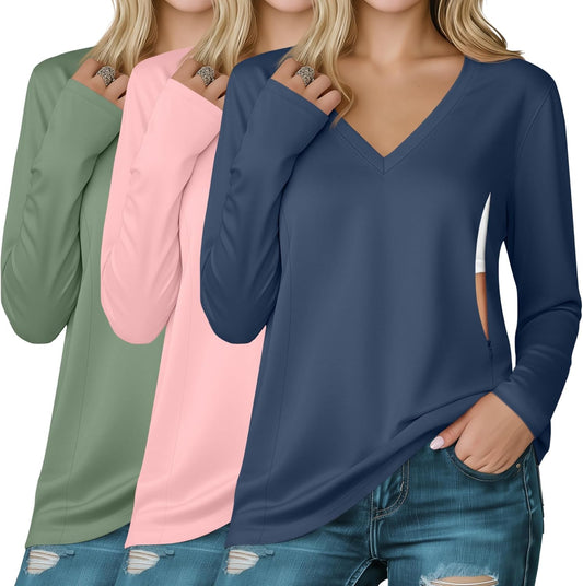 Huukeay 3 Pack Women's Long Sleeve Nursing Tops, Breastfeeding Hidden Zippers Shirts V Neck Maternity Pregnancy Tees Clothes