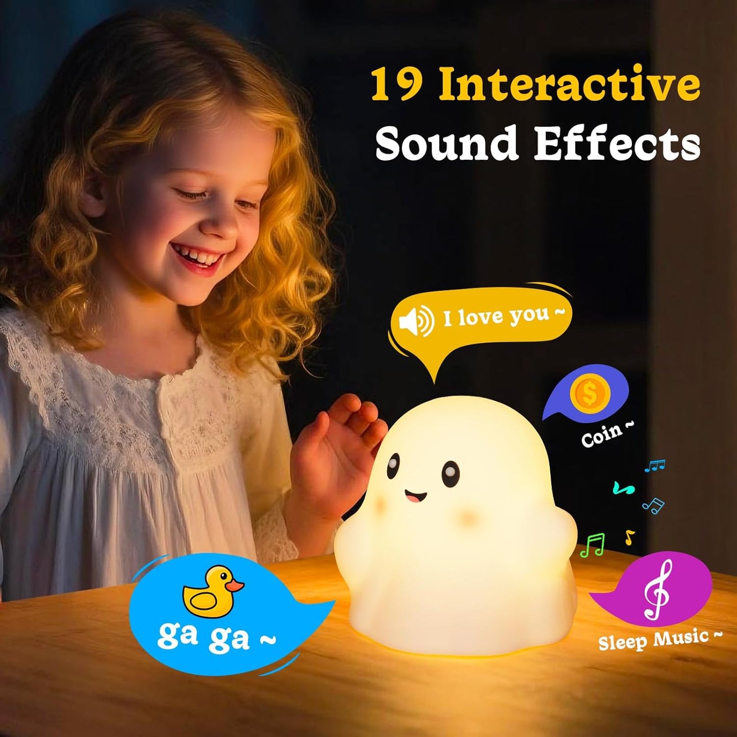 Ghost Night Light for Kids, Rechargeable Cute Night Lights with 1200mAh Battery and 19 Sounds/30 Min-Timer/3 Light Modes, 3000K Silicone Touch LED Night Lamp for Mom Bedroom Christmas Decor