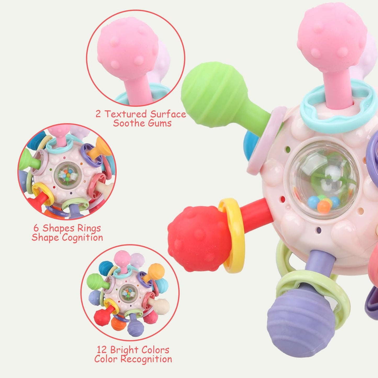 Baby Teething Toys - Infant Sensory Chew Rattles Toys - Newborn Montessori Learning Developmental Toy - Teethers for Babies 0 3 6 9 12 18 Months - Shower Gifts for 1 2 One Two Year Old (Pink)