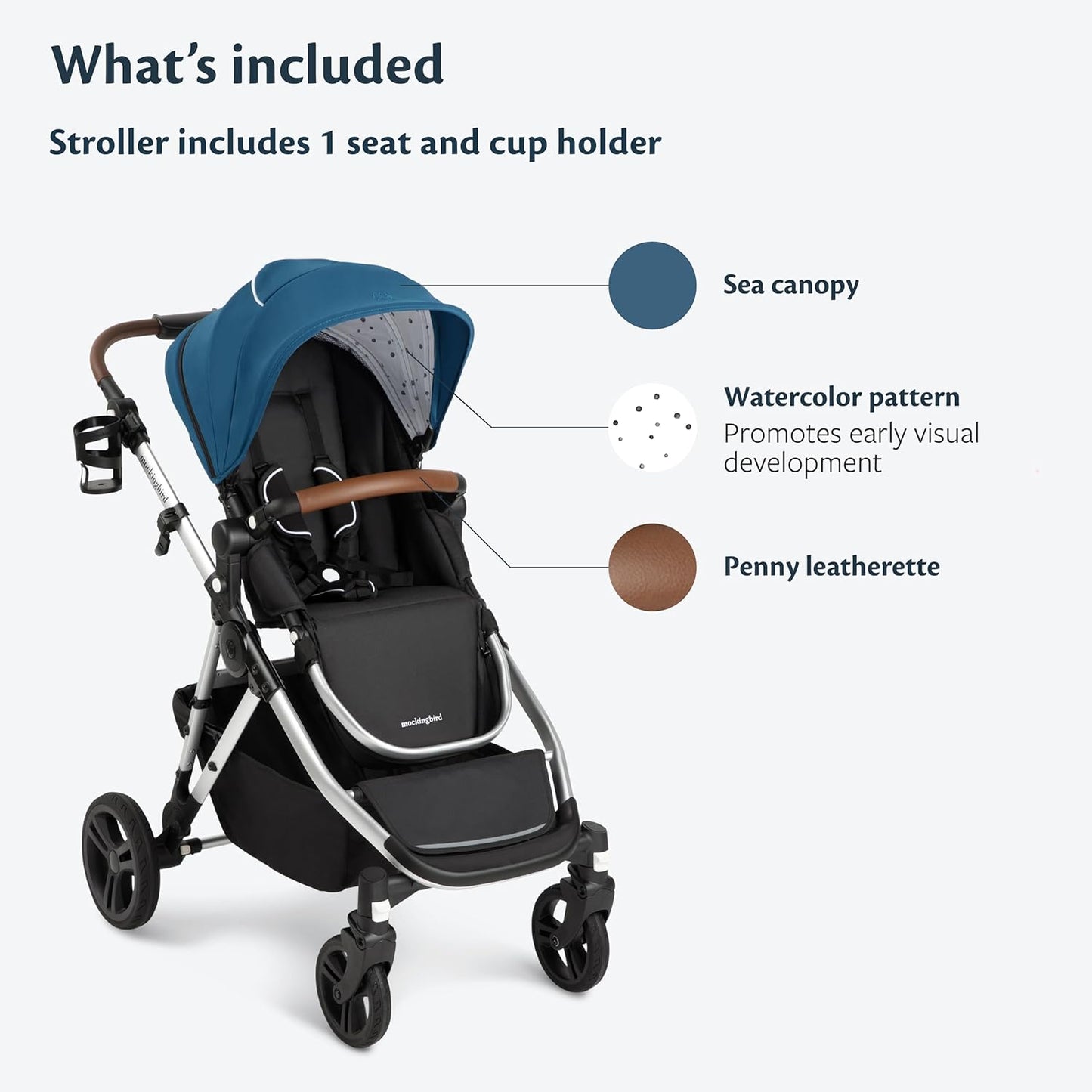 Mockingbird Single-to-Double Stroller 2.0 - Convertible Full-Size Baby Stroller for 1, 2 or 3 Kids - Includes Cup Holder - Sea