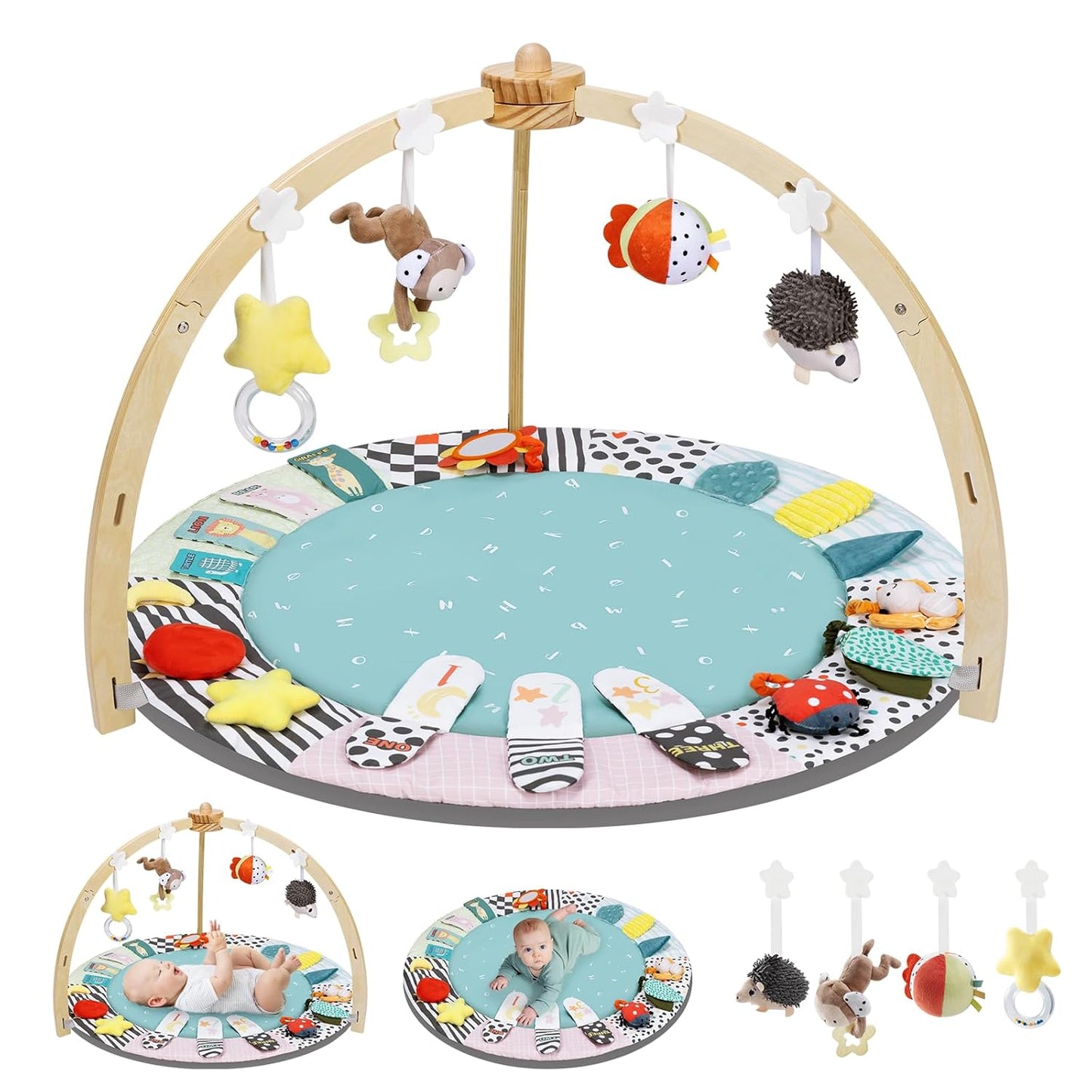 Baby Play Gym,6 Developmental Zones Tummy Time Mat, Wooden Baby Play Gym Mat with 7 Detachable Sensory Toys for Newborn Brain Development, Essential Baby Shower Set, Green
