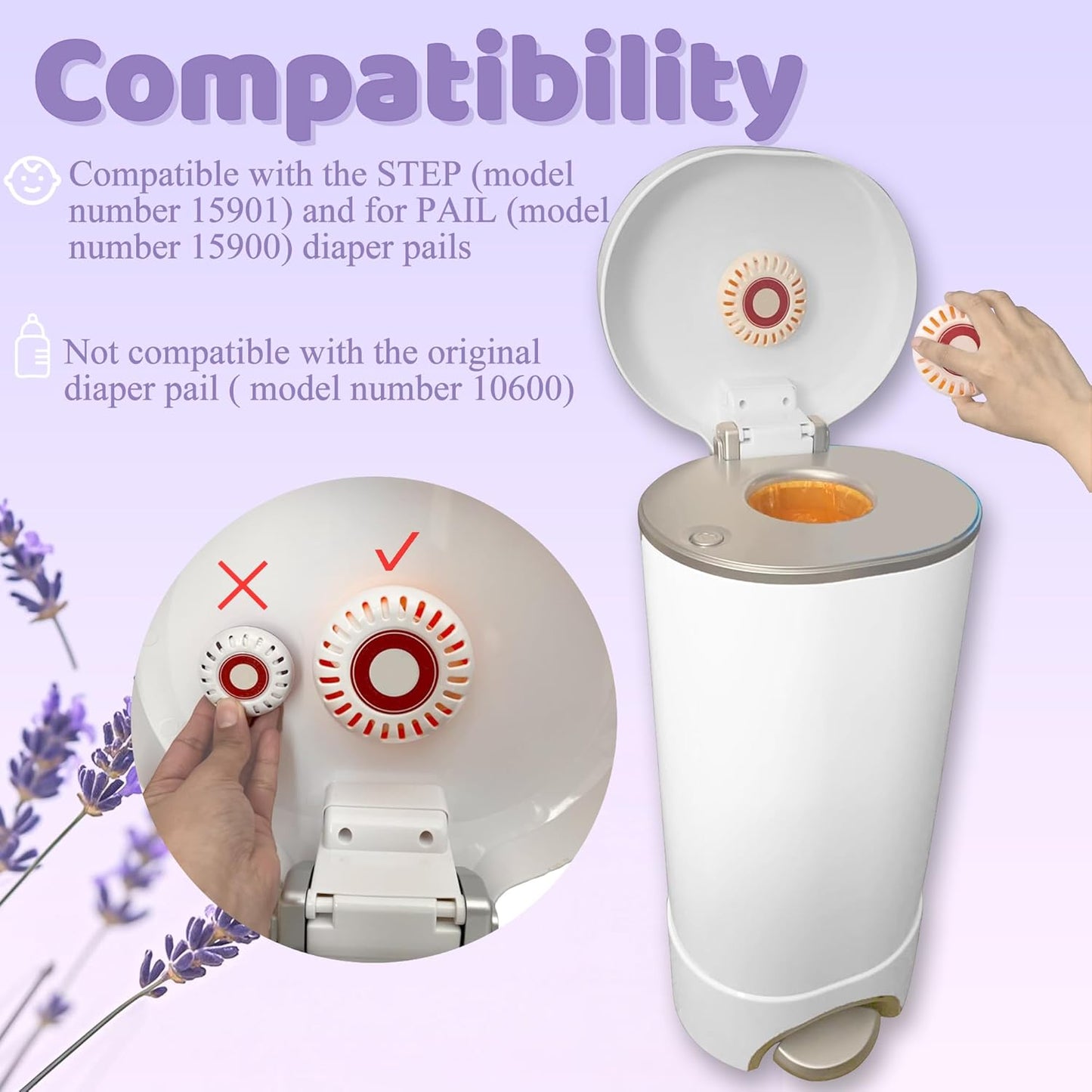 NewKe 6 Pack Lavender Scent Baking Soda Refills for Puck Baking Soda Cartridge, Diaper Pail Deodorizer Replacement Compatible with Munchkin Step and Pall Diaper Pails