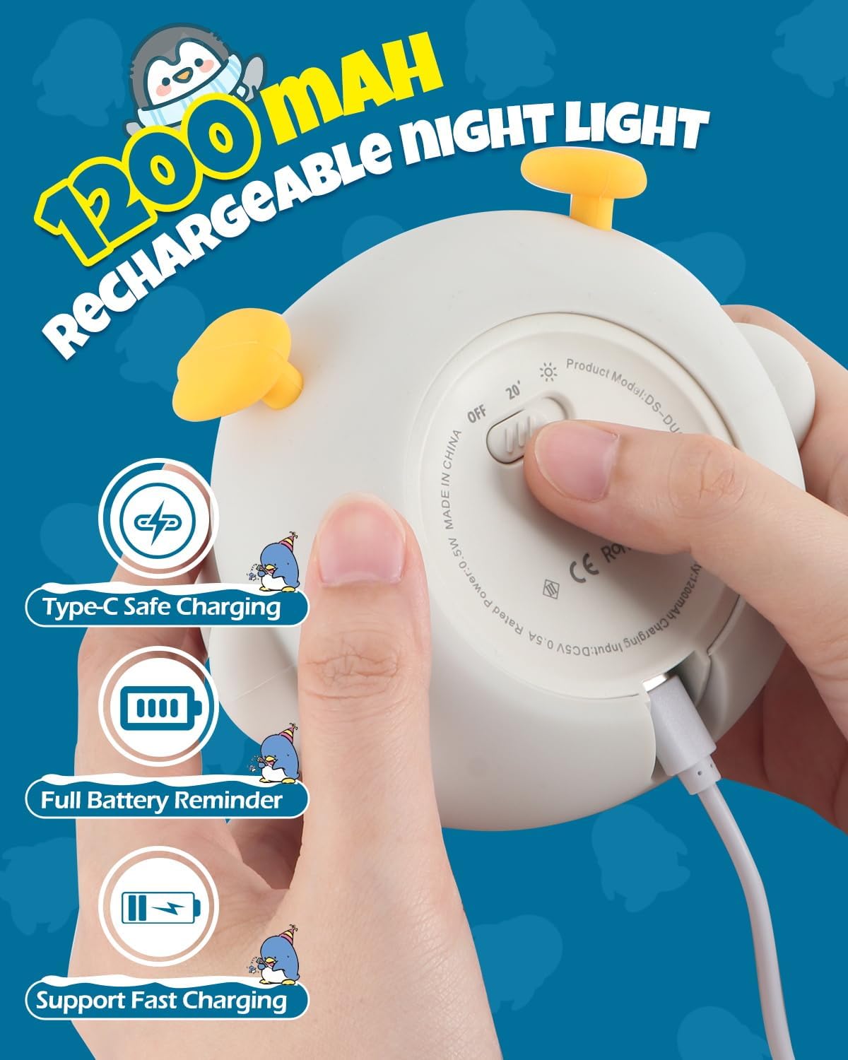 Cute Penguin Night Light, Animal Lamp, Food Grade Silicone, Rechargeable, 2 Level Dimmable, Squishy Nursery Nightlight for Desk Decor, Funny Gifts Stuff for Boys Girls Baby, White Elephant Gifts