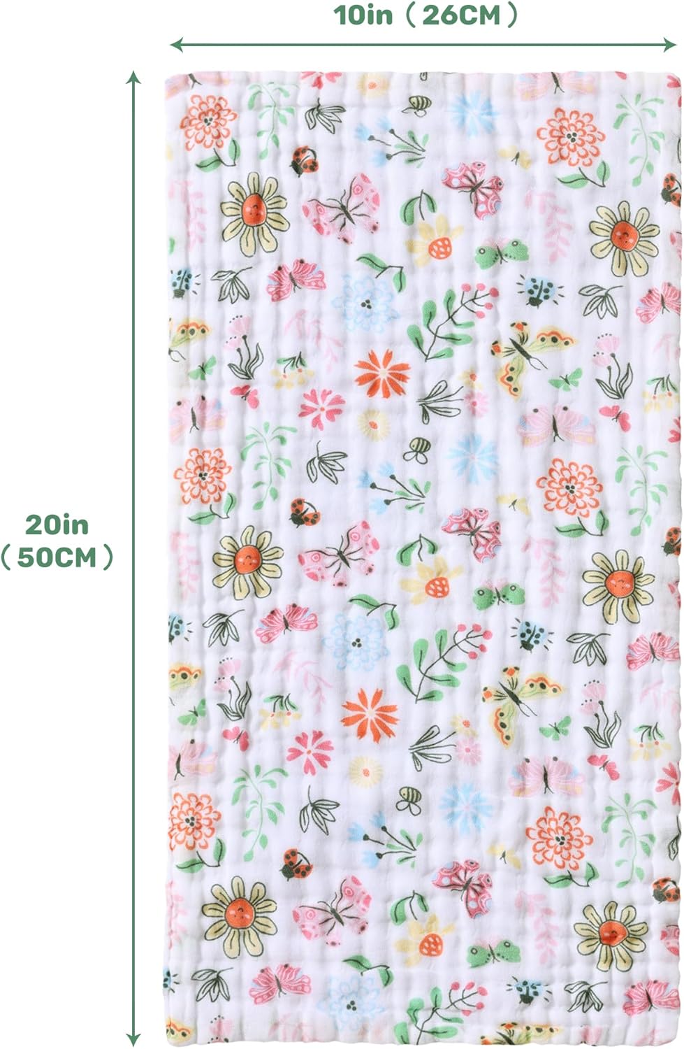 Viviland Baby Muslin Burp Cloths, Super Absorbent Washcloths for Baby Girl and Boy, 10 x 20 inches 6-Layer Baby Bath Towels, Flowers & Butterflies 4 Pack