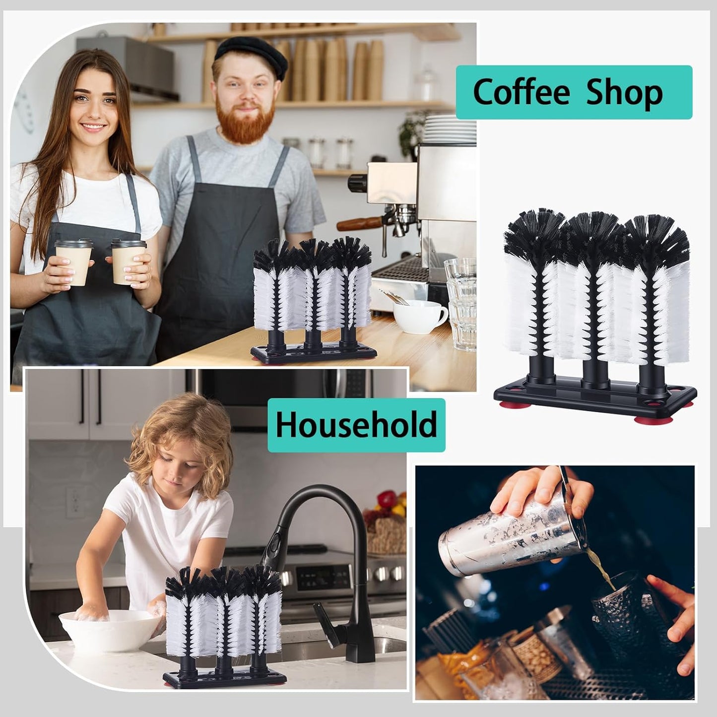 Havawish 3 Pack Water Bottle Cleaning Brush with Suction Base, 3 Head Bristle Bar Glass Washer for Sink, Cup Washer Brush Cleaner for Bar Beer Cup, Wine Glass(7.3 x 3.7 x 7.5)