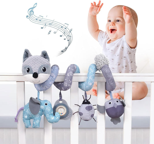Jollybaby Crib Stroller Car Seat Toys for Baby 0-3-6-9-12 Months, Tummy Time Hanging Sensory Toys for Newborn with Music Box and Teether, Spiral Carseat Toy for Infant Boys Girls Gifts (12-Grey Fox)
