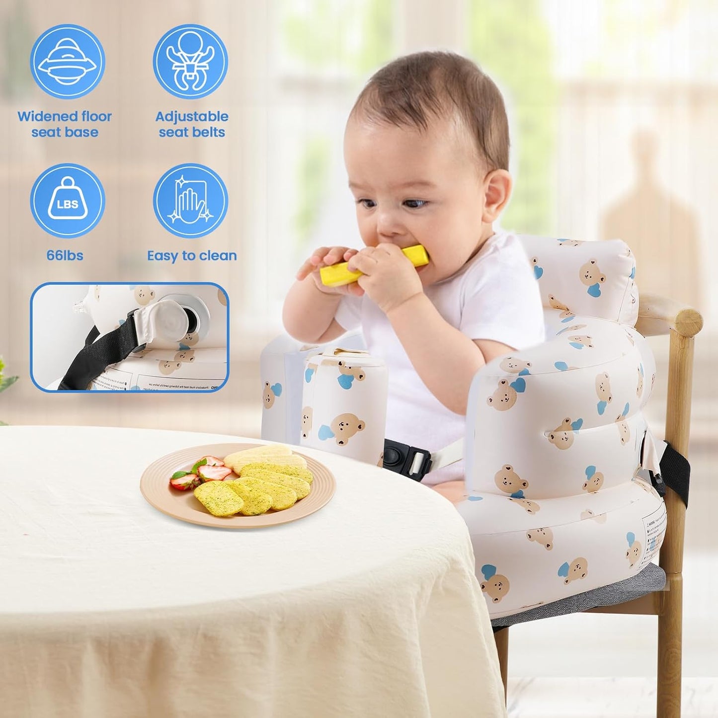 Inflatable Baby Seat with 3-Point Safety Belt & Built-in Pump - Portable Infant Chair for Sitting Up, Travel, Home Use (Blue Love Bear Head)