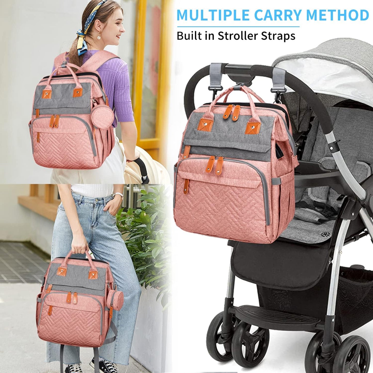 KABAQOO Diaper Bag Backpack with Detachable Changing Station, Large Capacity Baby Diaper Bags for Boys & Girls, Baby Registry Search Stuff & Shower Gifts, Newborn Essentials Must Haves, Pink Grey