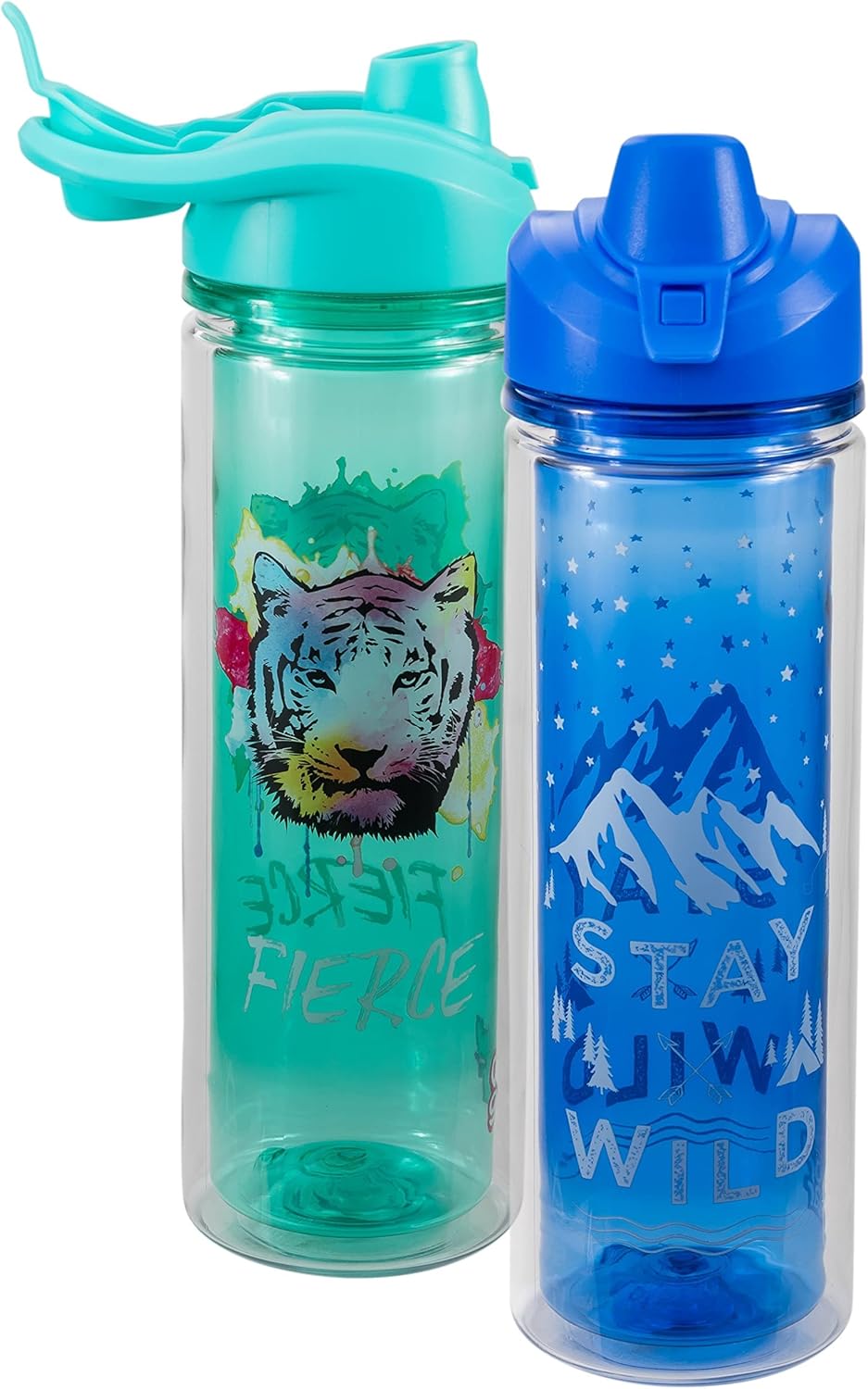 COOL GEAR Essence Chugger Water Bottle with Wide Mouth & Flip Up Design | Double-Wall Insulation and Carry Loop For Easy On-The-Go Use (2-Pack, 20 oz, Stay Wild/Fierce)