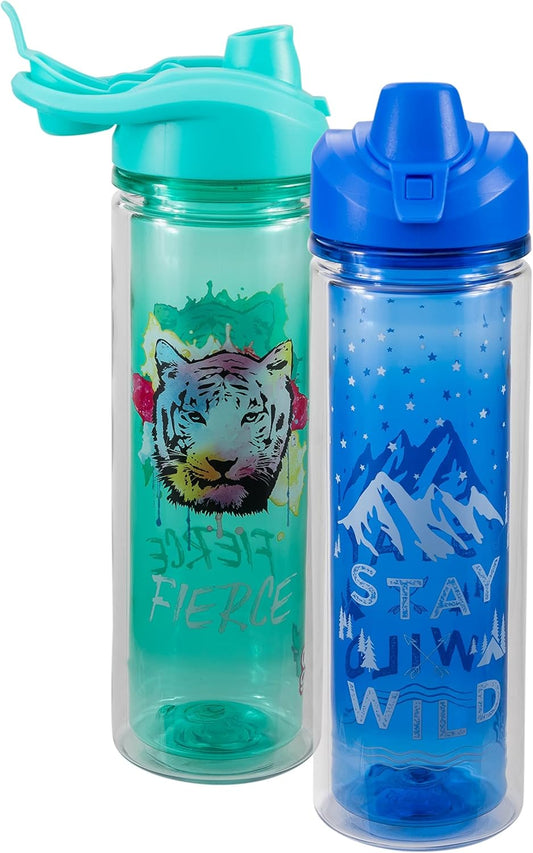 COOL GEAR Essence Chugger Water Bottle with Wide Mouth & Flip Up Design | Double-Wall Insulation and Carry Loop For Easy On-The-Go Use (2-Pack, 20 oz, Stay Wild/Fierce)