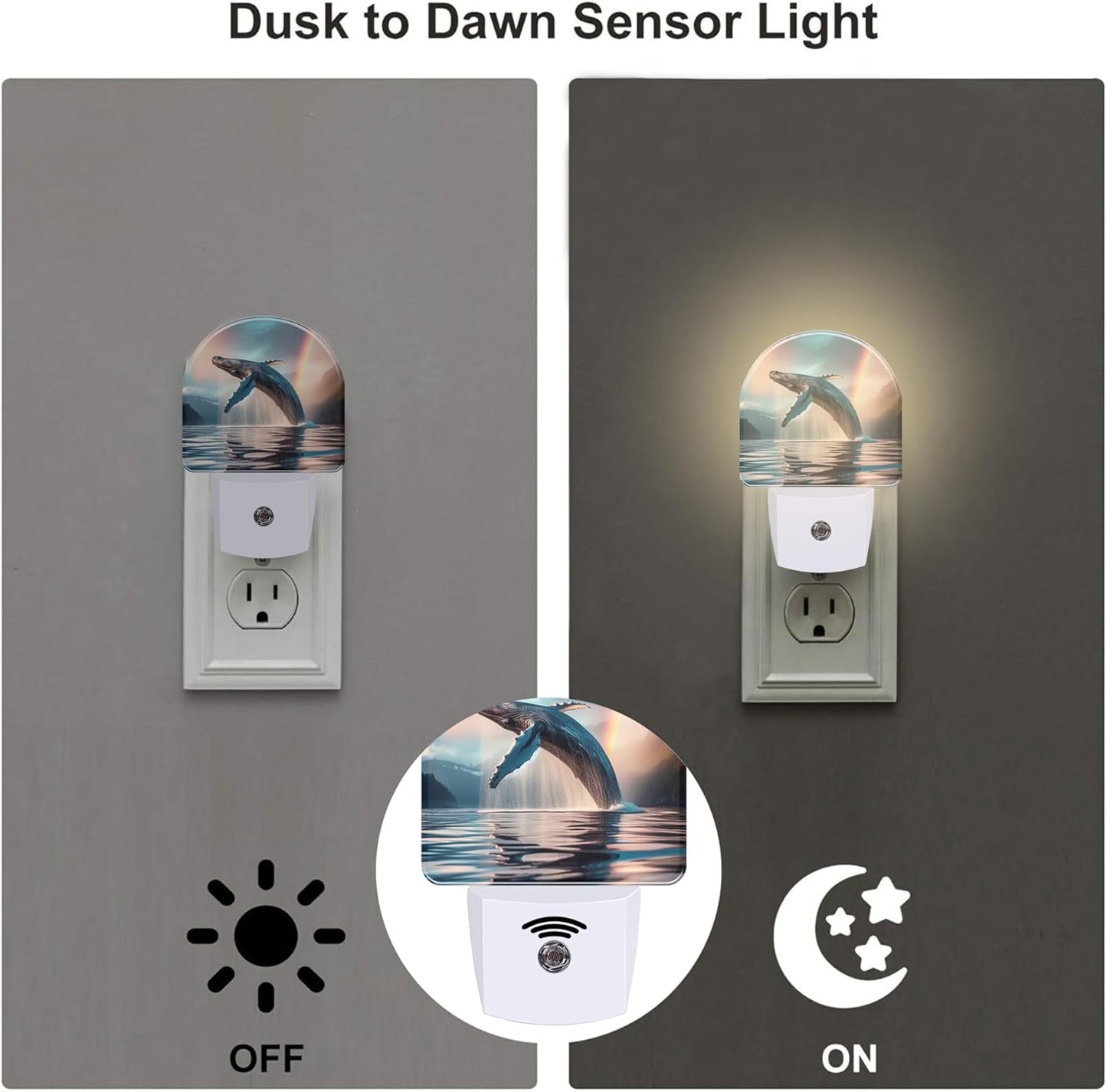 Jumping Whale Night Light for Kids, Ocean Marine Life Rainbow Night Light Plug in with Dusk to Dawn Sensor, 0.5w Energy Saving Sleep Friendly Nightlight for Hallway Stairway Kitchen Bedroom
