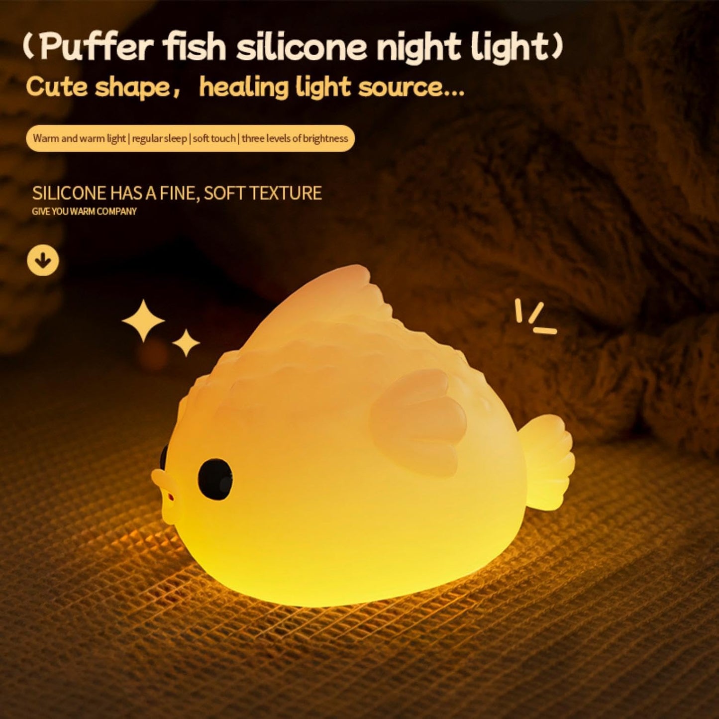 White Pufferfish Night Light - Silicone Touch Sensor Lamp for Nursery, 3 Adjustable Brightness, USB-C Rechargeable Baby-Safe Bedside Light, Modern Kids Room Decor & Toddler Sleep Aid