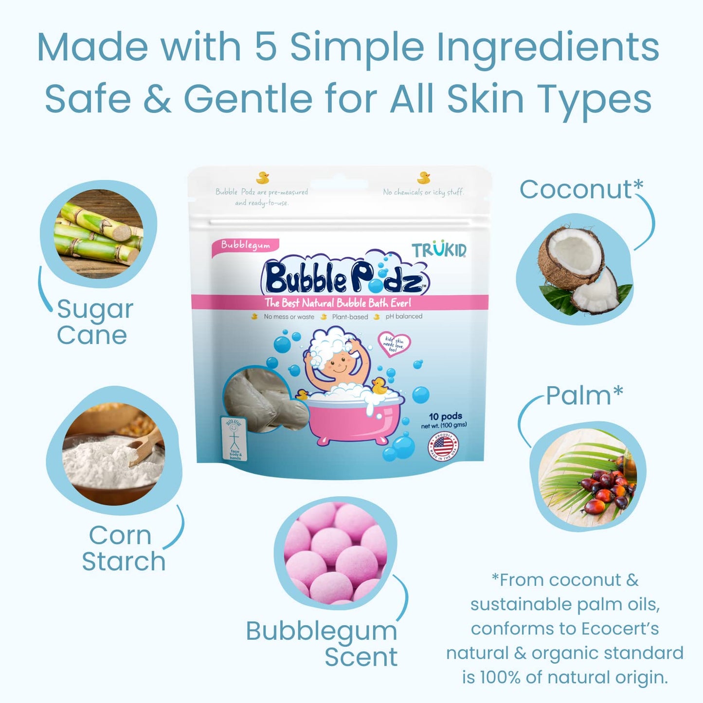 TruKid Bubble Podz Bubble Bath for Kids, Toddlers, & Babies, Tear Free Gentle & Refreshing Bath Bomb for Sensitive Skin with Natural Moisturizers, Non-Toxic, pH Balanced, Bubble Gum Scent (10 Podz)