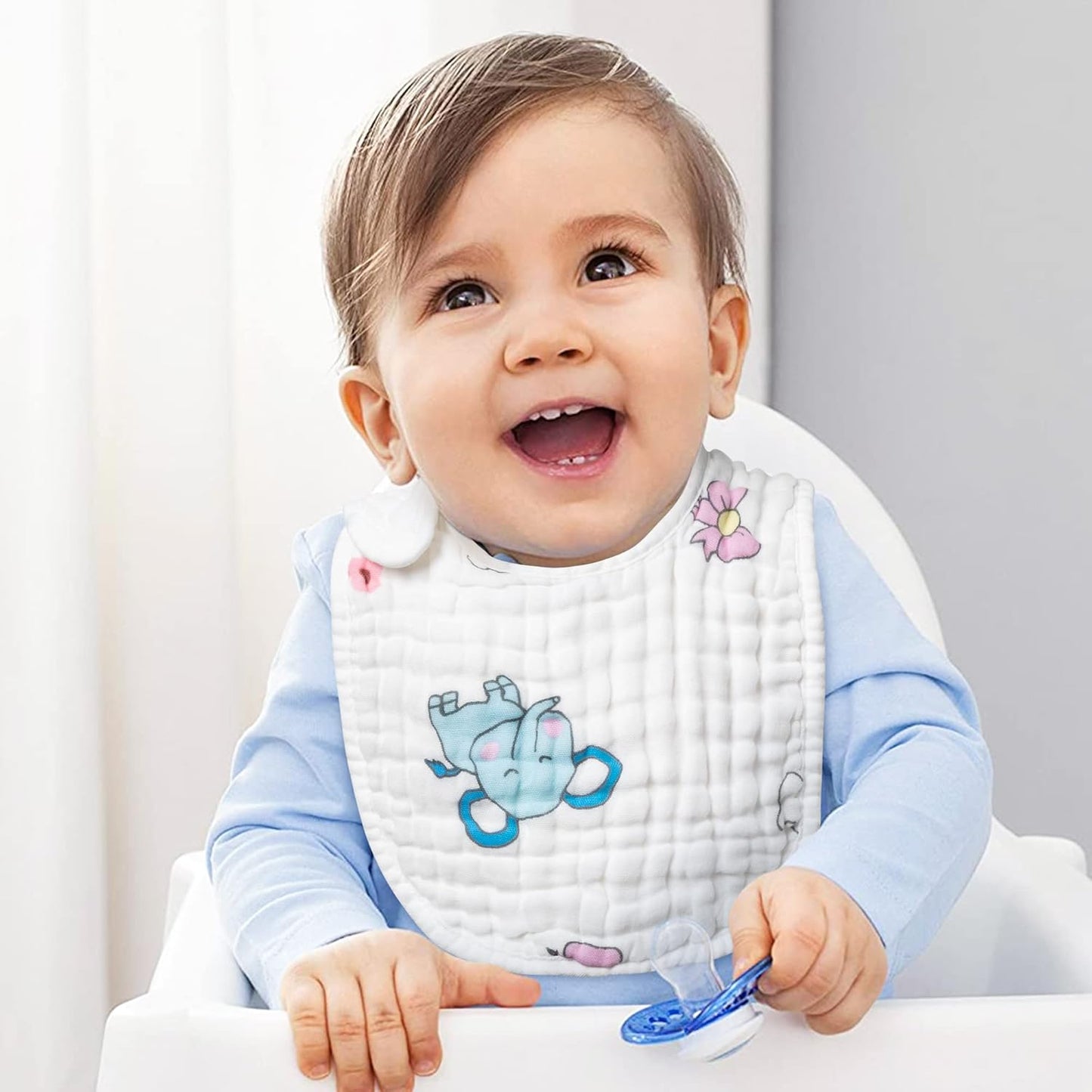 Zainpe 6Pcs Snap Muslin Cotton Baby Bibs Elephant Whale Rabbit Pattern Feeding Bib Adjustable Machine Washable Unisex Burp Cloths with 6 Absorbent & Soft Layers for Boys Girls Drooling Teething Eating