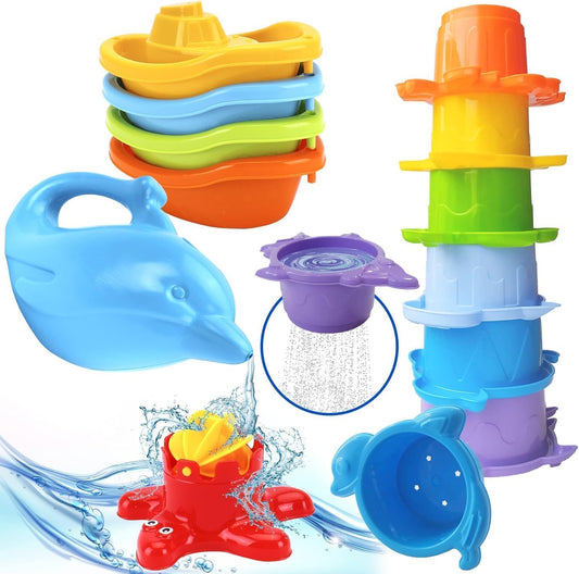 uToyz Bath Toys for Toddlers – Toddler Toys with 12pcs Rainbow Stacking Cups, Boats, & Dolphin-shaped Baby Watering Can, Baby Bath Gift & Toddler Toy for One Year Old Girl Gifts, Water Toy for Ages 1+