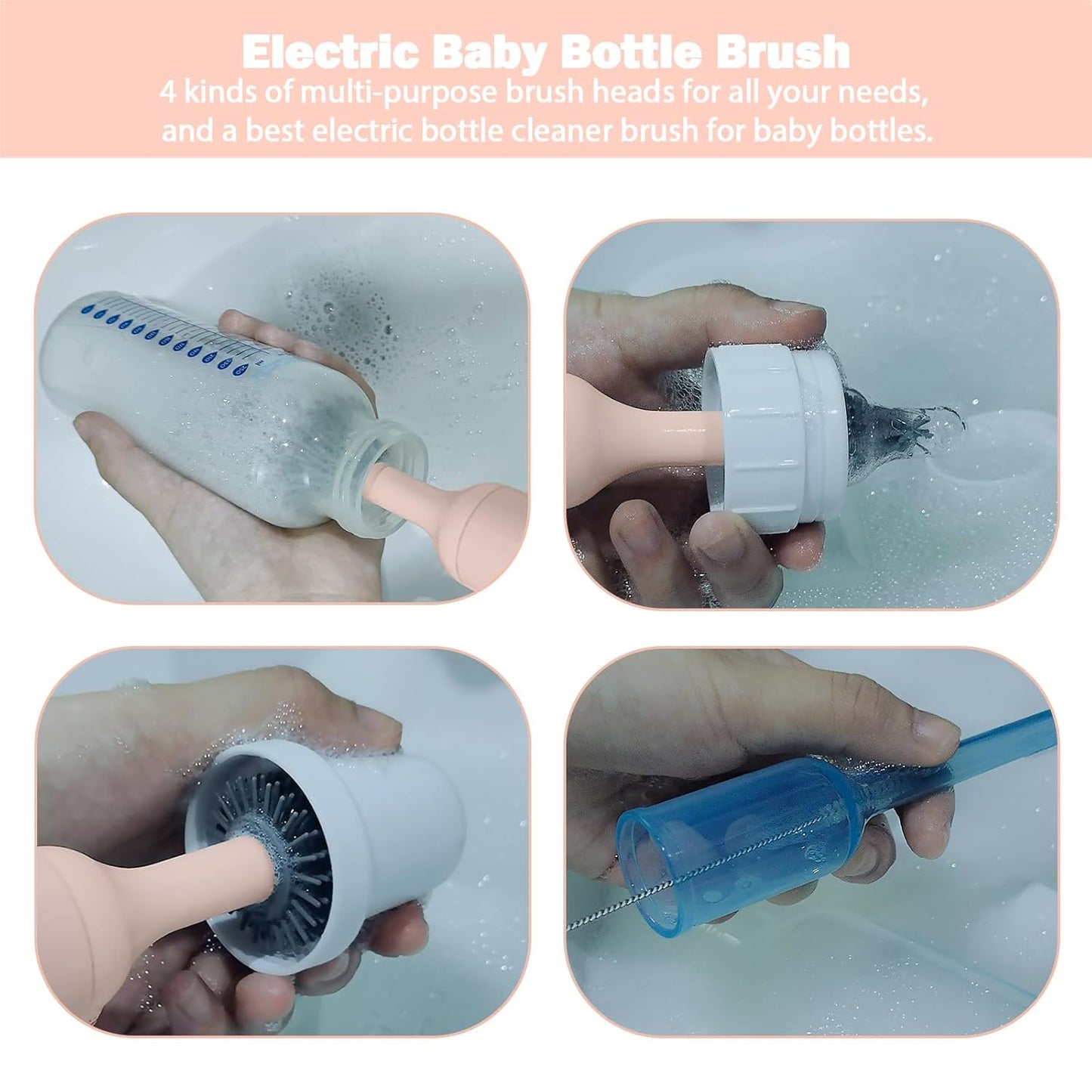 Electric Baby Bottle Brush Set with Rechargeable Electric Bottle Brush Cleaner and Replaceable Silicone Bottle Brushes and Straw Brush Cleaner, Waterproof Multi-Purpose Cleaning Brush(Pink)