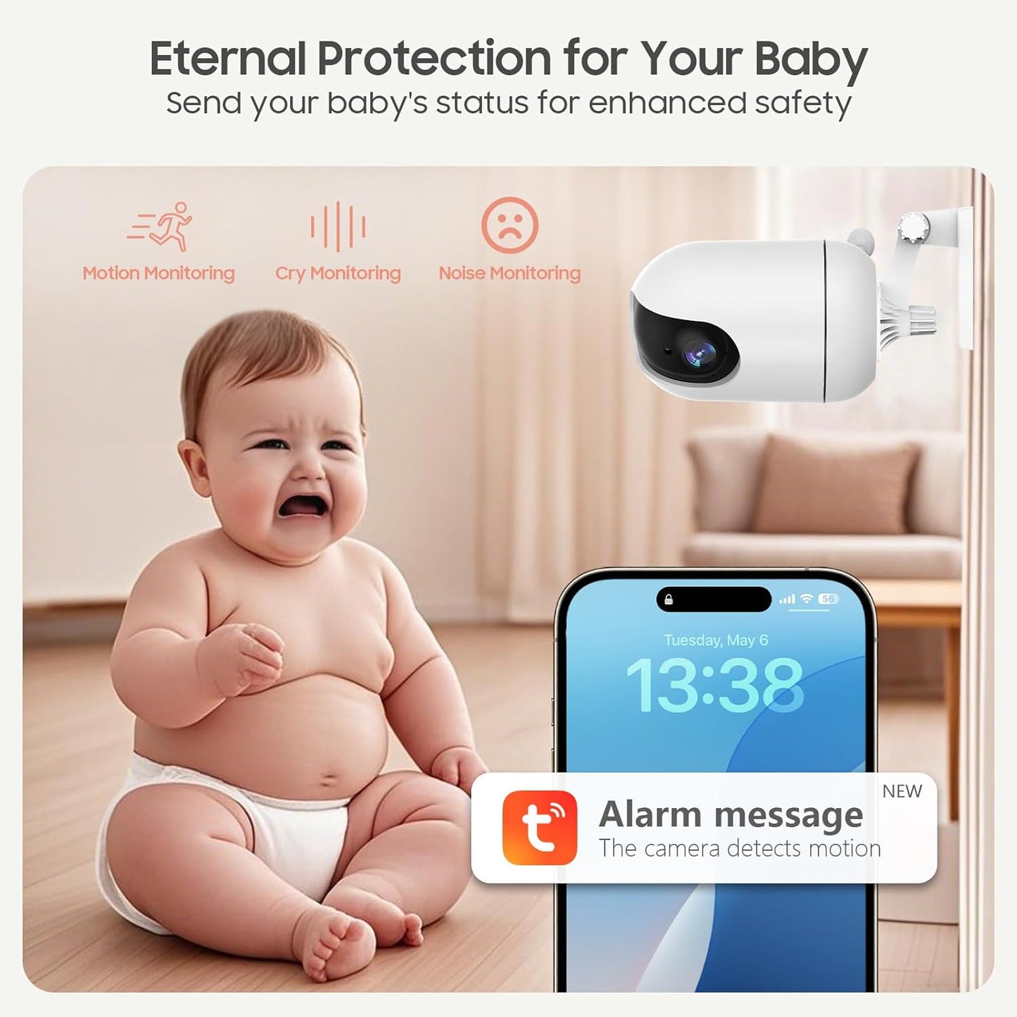 Smart WiFi Baby Monitor with Camera and Audio, 5.5” 1080P Wall-Mountable Display, 360° Pan & Tilt, HD Night Vision, Soothing Music, Multi-User Support, Two-Way Talk, Temperature & Motion Detection
