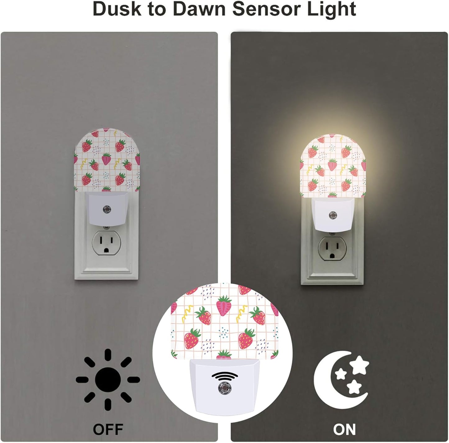 Cute Red Strawberries Night Light Plug into Wall, Abstract Funny Fruits Dusk to Dawn Night Light Plug in,0.5w Energy Saving Sleep Friendly NightLight for Kids Boys Girls Home Decor