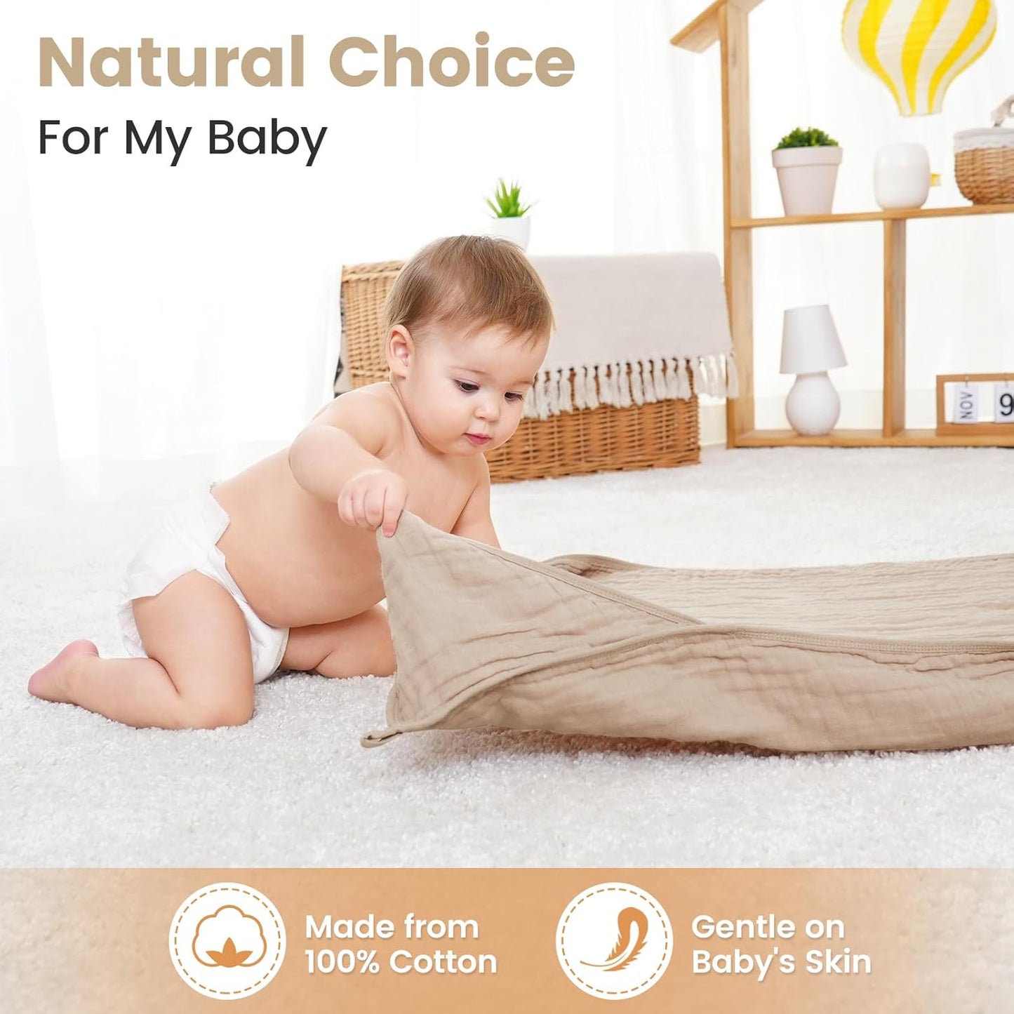 Hooded Baby Towels for Newborn, 2 Pack 36x36Inch Muslin Cotton Baby Bath Towel and 2 Pack 12x12Inch Washcloth Set with Hood for Babies, Toddler and Kids, Essentials Must Haves (Coffee and Car)
