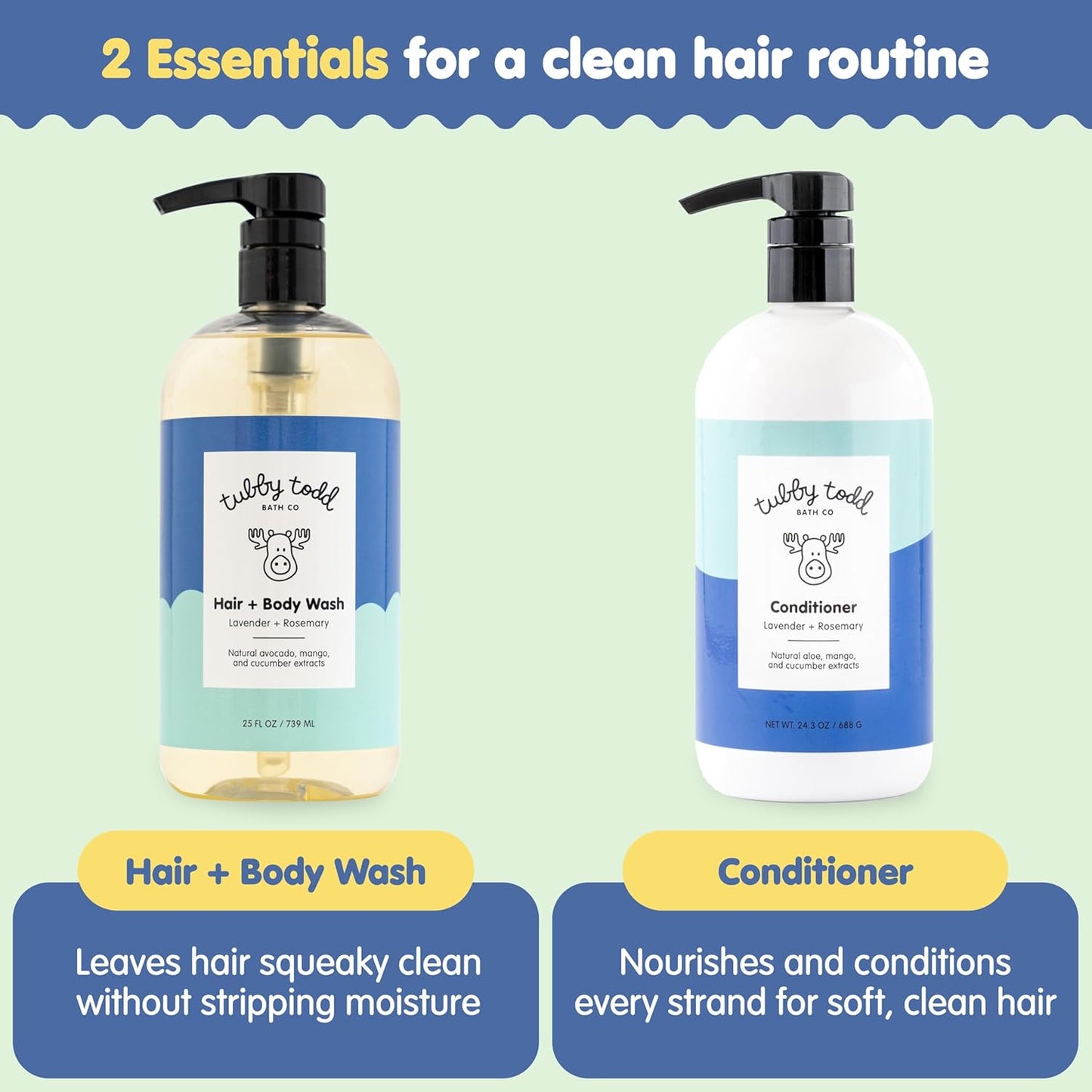 TUBBY TODD Hair Duo - Baby Shampoo and Conditioner Set - Gentle & Moisturizing Hair Care - Hypoallergenic, Non-Irritating - For Newborns, Toddlers & Kids - 25 Fl Oz & 24.3 Fl Oz - Lavender Rosemary