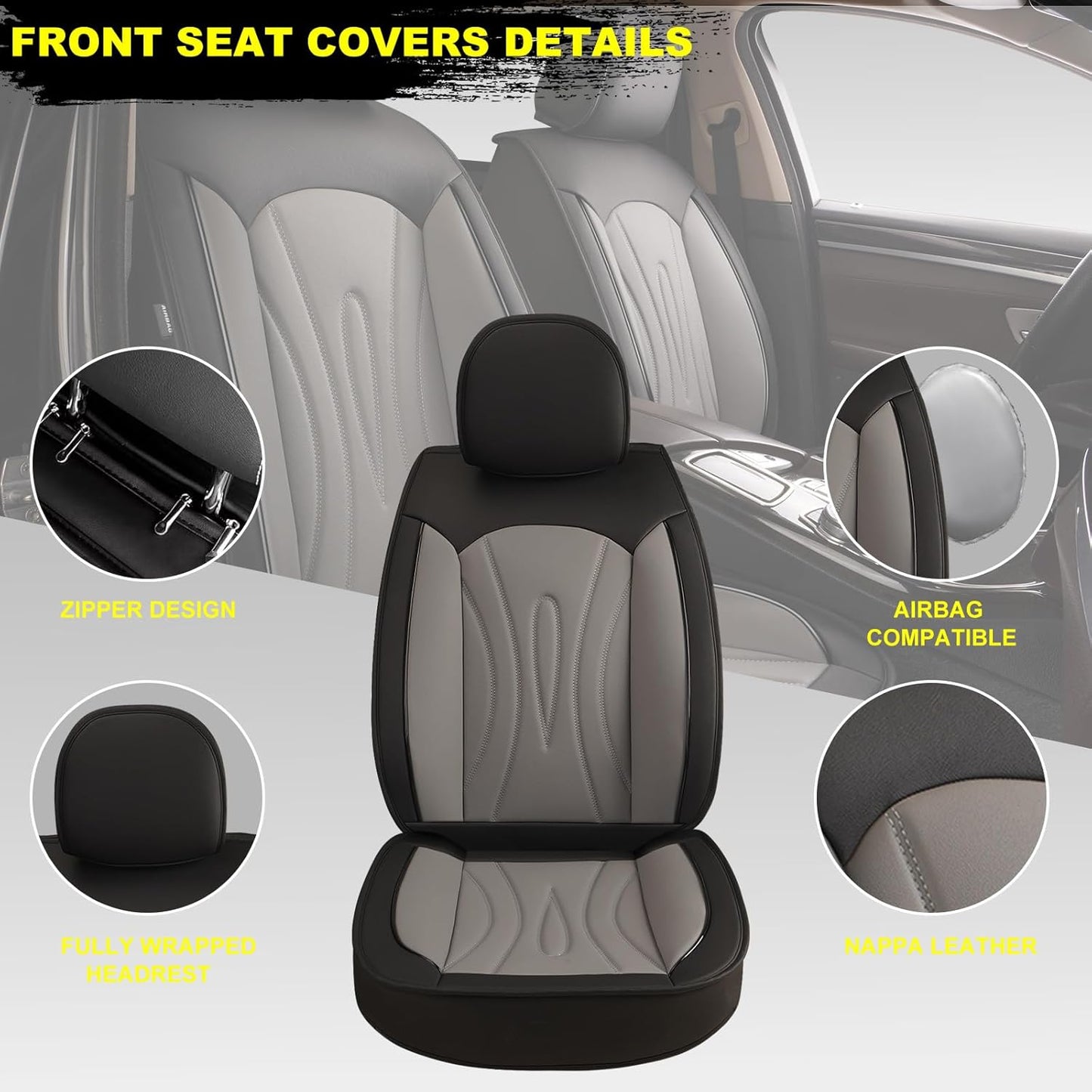 Car Seat Covers Full Set Fit for Jeep Cherokee 2014-2025,Waterproof Laux Leather Seat Protectors for 5-Seat Vehicles(Black&Grey)