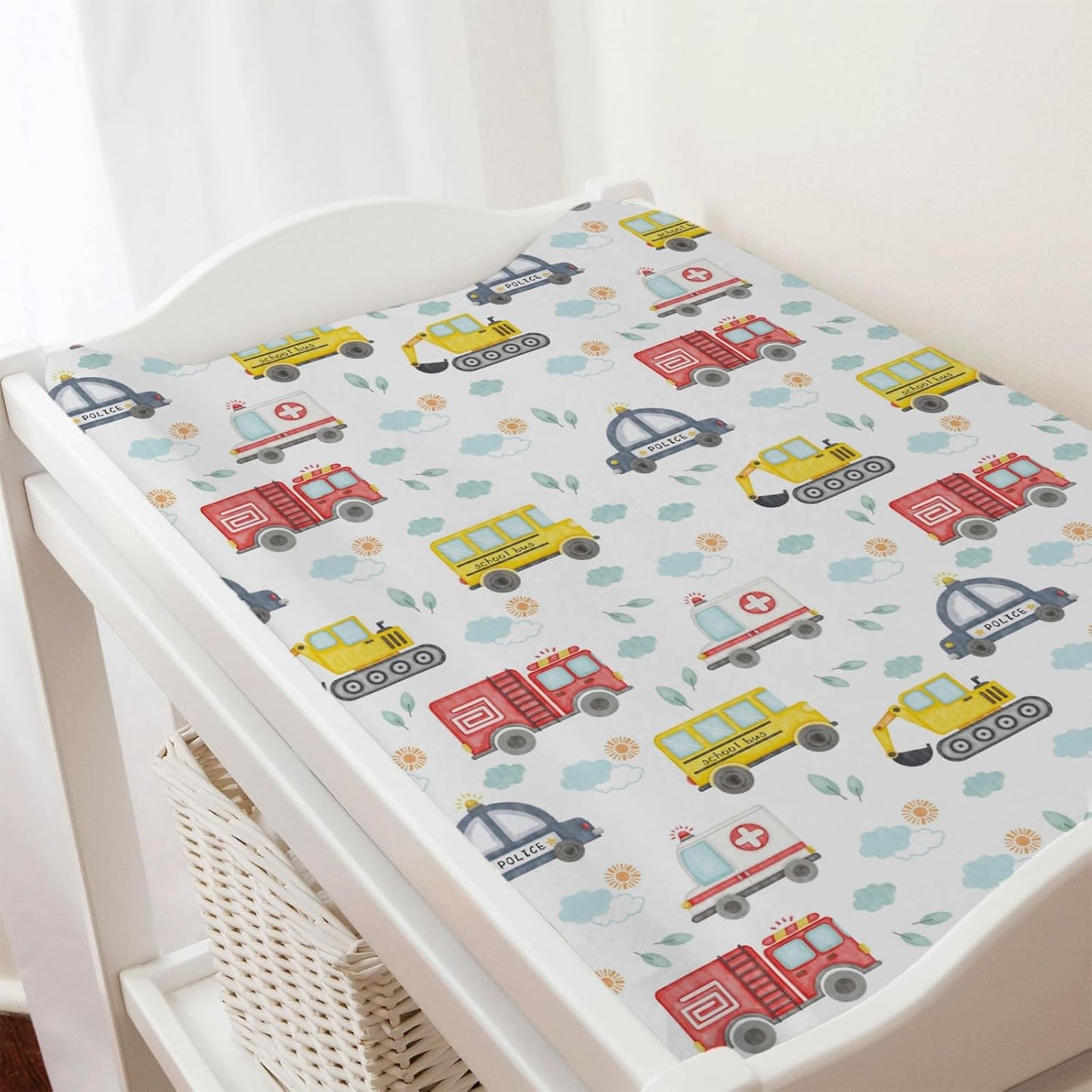 Watercolor Cars Changing Pad Covers Cute Transport Vechile Sun Clouds Leaves Fitted Baby Change Table Sheets for Boys Girls Cartoon Cars Soft Stretchy Fitted Changing Table Mats Sheets 32''x16''