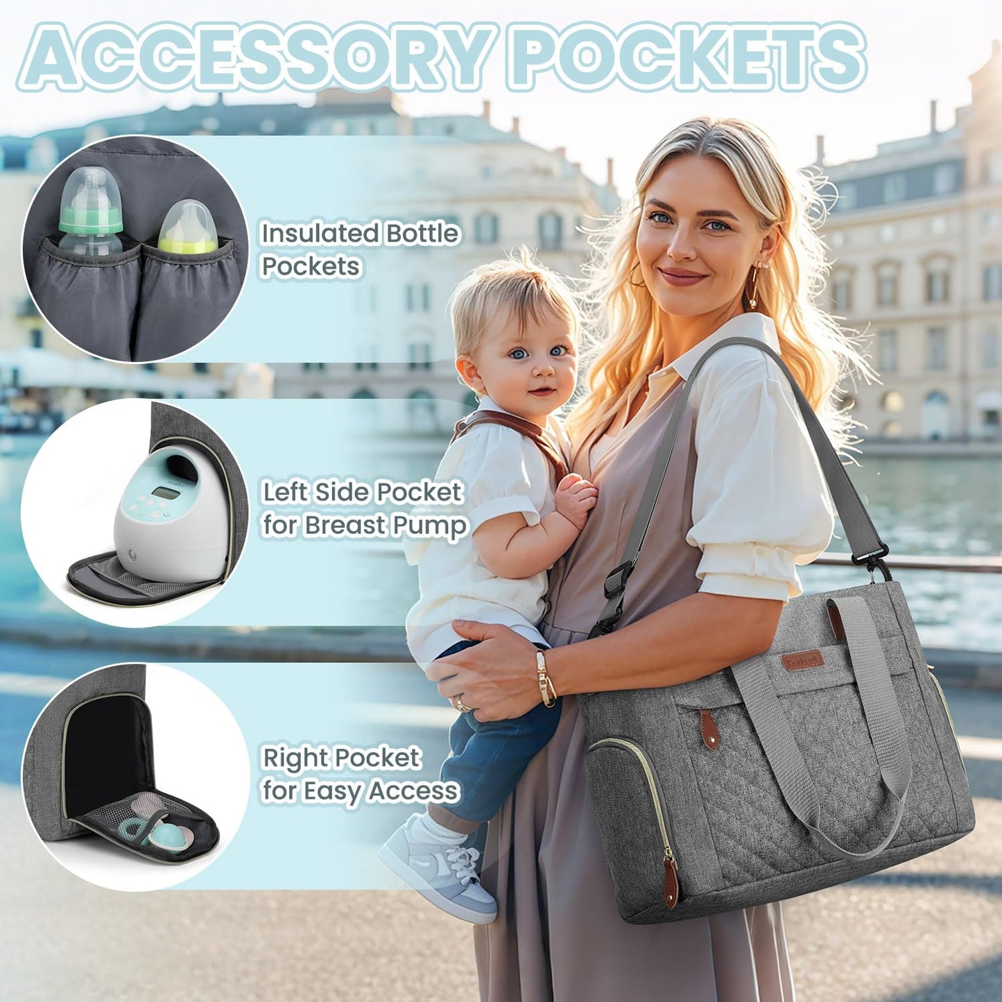 Diaper Bag Tote for Working Mom, Large Travel Diaper Tote for Mom and Dad with 14 Inch Laptop Sleeve, Mommy Maternity Travel Baby Bag for Boys and Girls, Grey