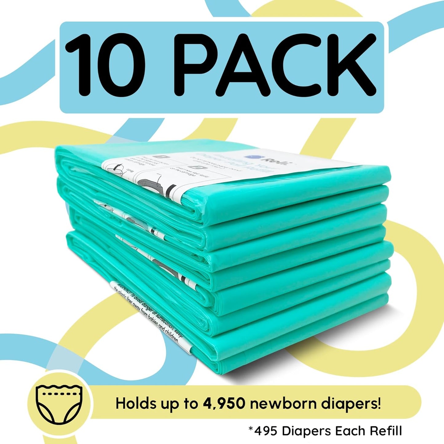Reli. Diaper Pail Refill Bags, Compatible with Dekor Classic (10 Pack) | Diaper Dekor Refills w/Powder Fresh Scent | Odor Blocking, Strong, Easy Replacement Bags | Holds up to 4950 Diapers