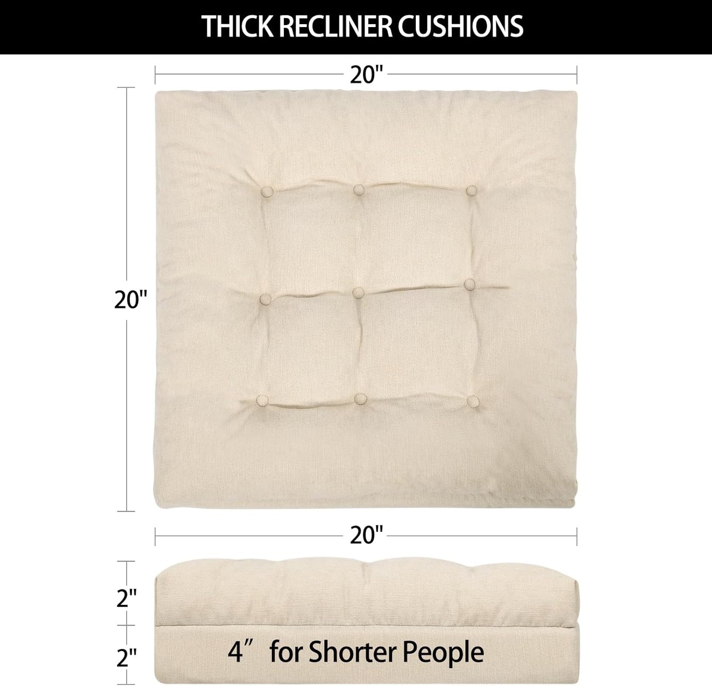 HAVARGO Recliner Cushions for Elderly, 20x20x4 Inch Thick Chair Cushion for Shorter Users Patent Design Soft Tufted Dual Layer Booster Seat Cushions for Seniors Recliner Risers Beige 1P