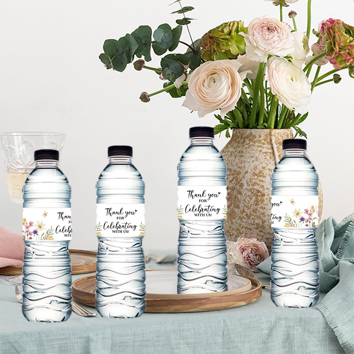 100PCS Wedding Water Bottle Labels Waterproof Greenery Floral Wraps Sticker for Water Bottle Baby Shower Bottle Label for Bridal Shower Party Thanks（Wildflowers）